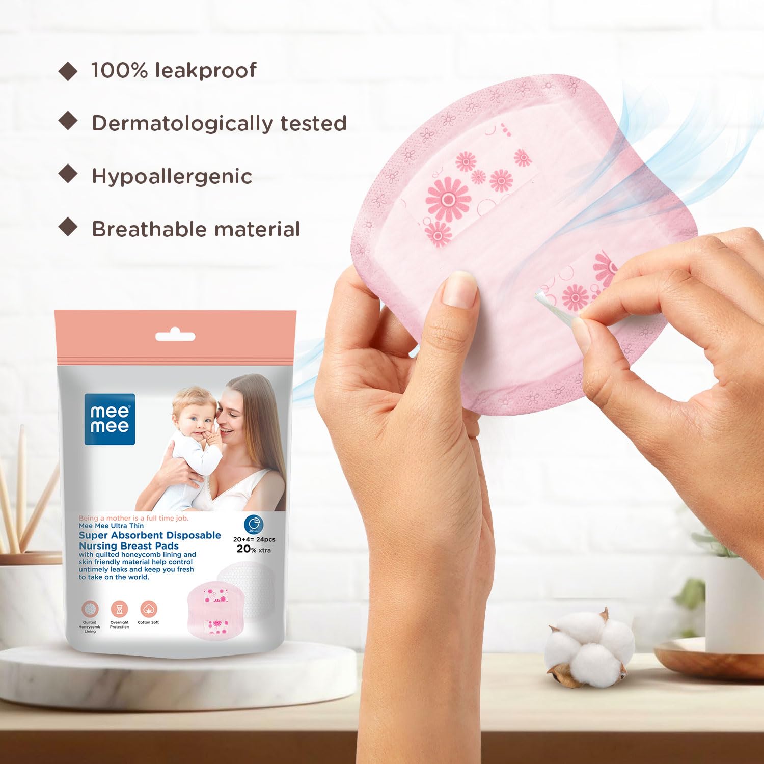 Mee Mee Disposable Nursing Breast Pads 24 Pcs - Ultra Thin Honeycomb Design with Leak Guard | Super Absorbent & Soft Cotton Maternity Pads for Breastfeeding Moms | Compact & Discreet for Day & Night Use | Perfect for Work, Travel & Daily Comfort
