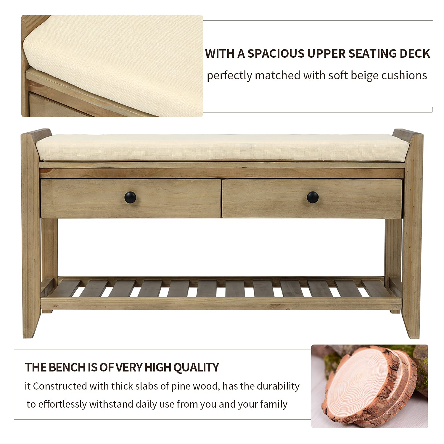 Quarte Farmhouse Shoe Bench with Cushioned Seat & Storage Drawers - Rustic Wooden Entryway Shoe Rack for Hallway, Living Room & Dining Room - Perfect for Organizing Shoes, Coats & Home Decor (Gray Wash)