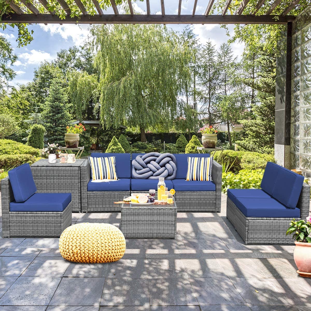 8-Piece Outdoor Patio Furniture Set - PE Rattan Conversation Sofa with Coffee Table, Cushions & Storage Box - Durable Wicker Sectional Set for Garden, Backyard, Poolside & Outdoor Entertaining