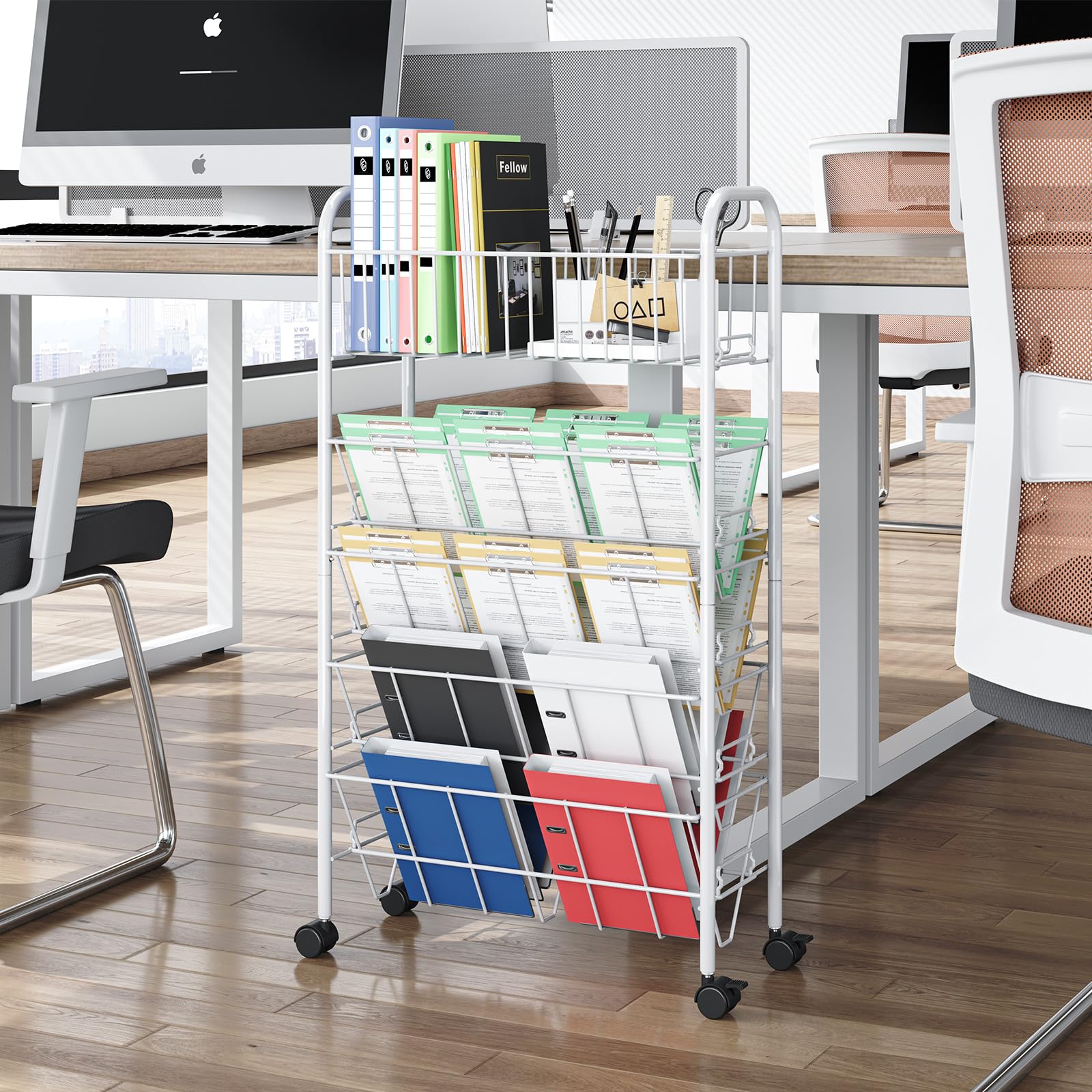 5-Tier Rolling Book Cart with Wheels - Metal Mobile Bookshelf for Classroom, Dorm, School & Home - Portable Book Storage Organizer & Office File Cart - Perfect for Study, Library & Workspace Organization (White)