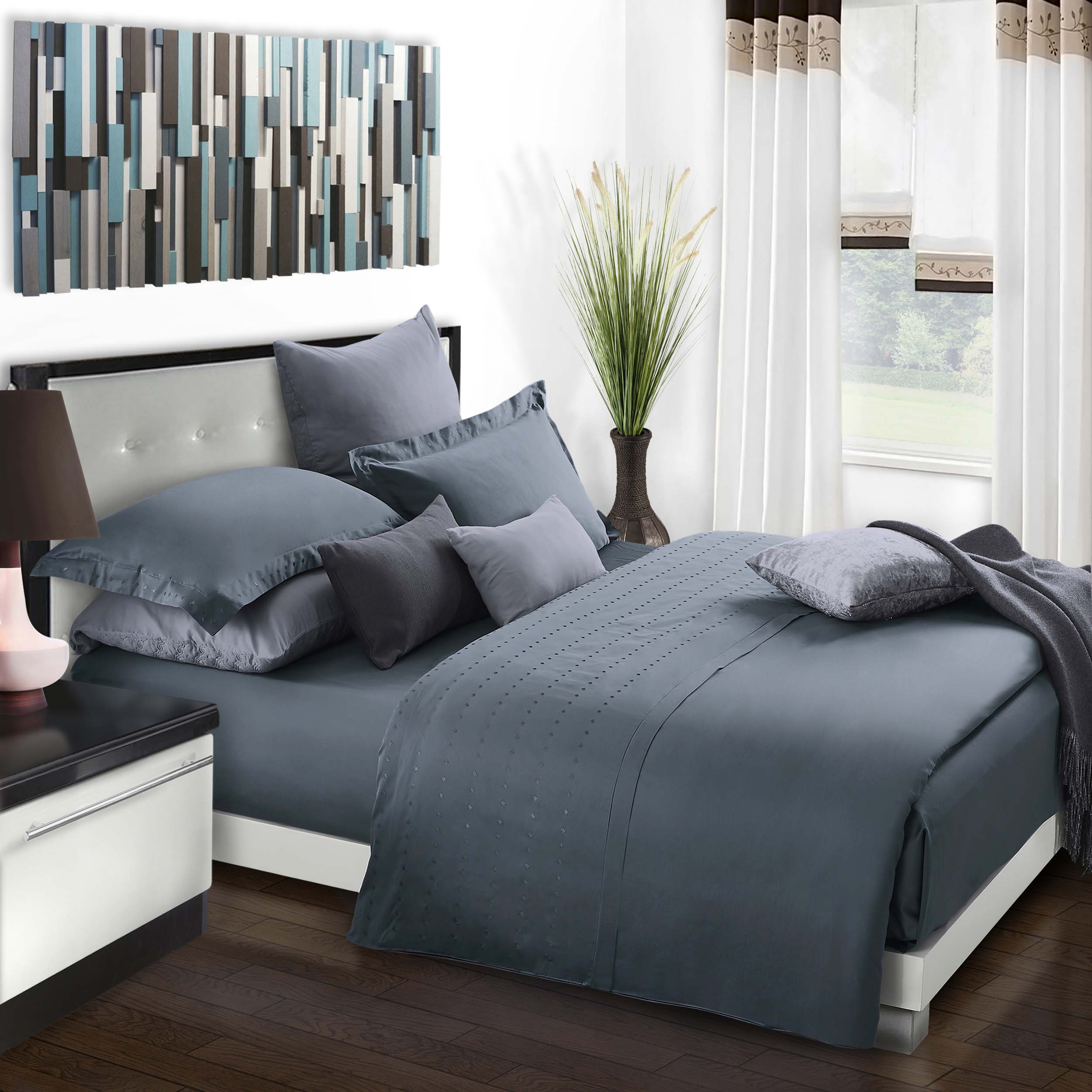 Brandon Cotton Embroidered Solid Duvet Cover Set - Queen Size Bedding Set with Pillowcases - Soft & Breathable Luxury Bed Sheets for Master Bedroom, Guest Room & Hotel Use