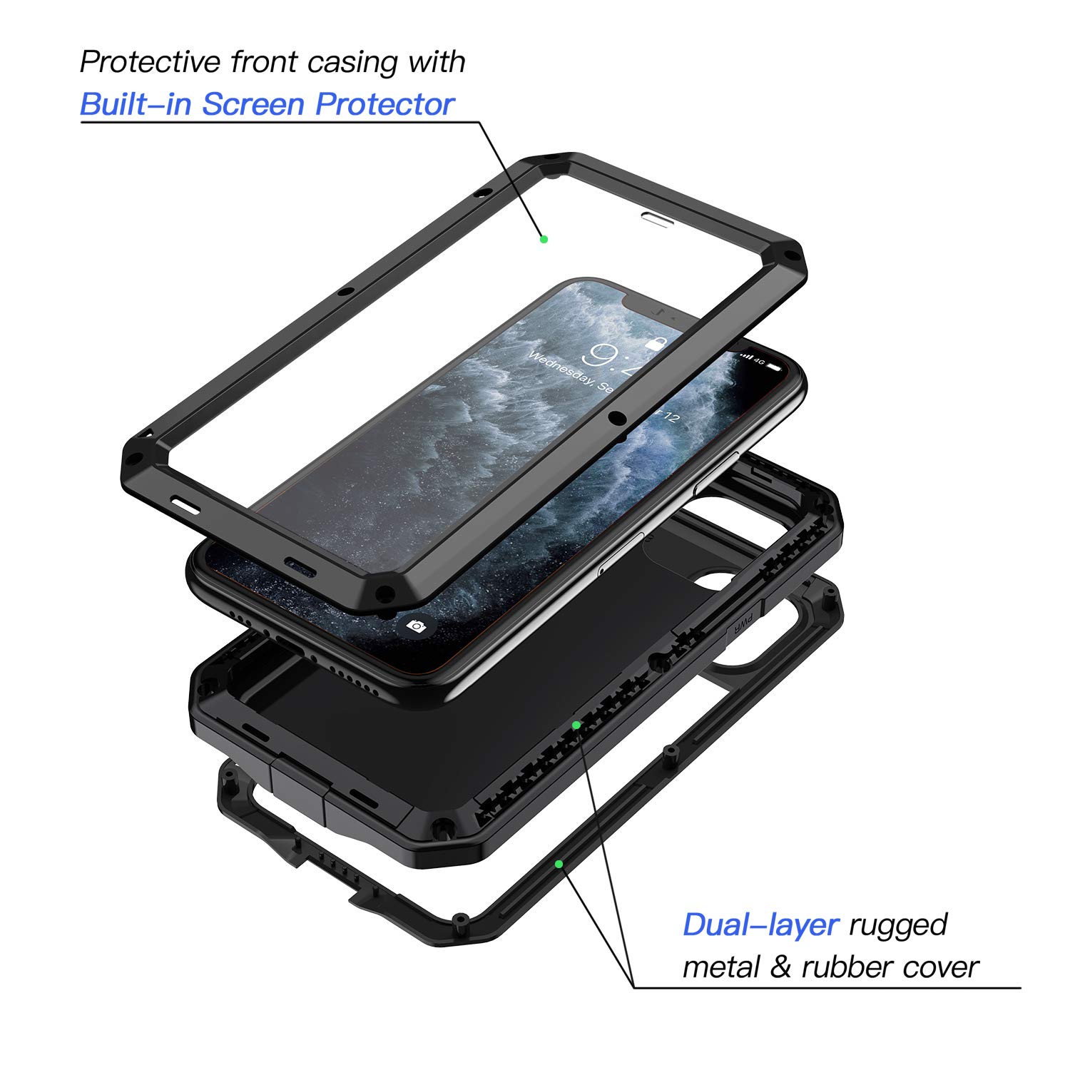 Lanhiem Heavy Duty Shockproof iPhone 11 Pro Max Case - Tough Armor Metal Cover with Built-in Screen Protector | 360° Full Body Protection, Dust Proof Design (Black) | Perfect for Outdoor Activities, Travel & Extreme Sports