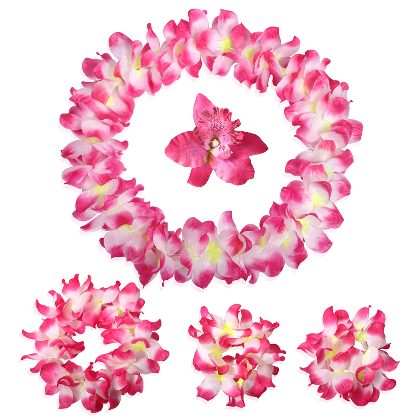 Hawaiian Leis Headband & Wristbands Set - Tropical Flower Hair Clips, Luau Necklace & Headpiece for Women - Summer Beach Pool Party, Cosplay, Birthday Decorations - Rose Design for Hawaiian Theme Parties & Vacation Accessories
