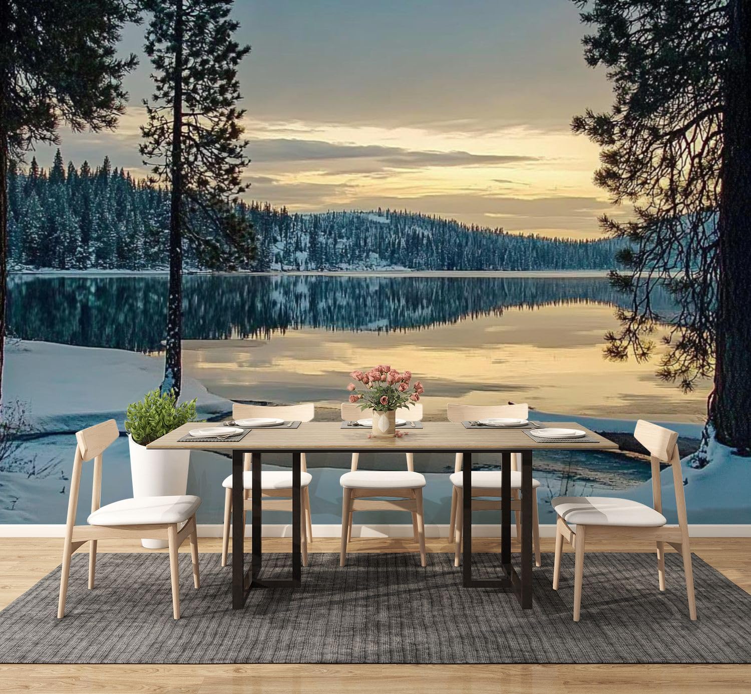 Idaho Mountain Lake Winter Sunset Peel and Stick Wallpaper - Self-Adhesive Removable Wall Mural (100''x144'') for Living Room, Bedroom & TV Background - Easy DIY Home Decor for Modern Interior Design