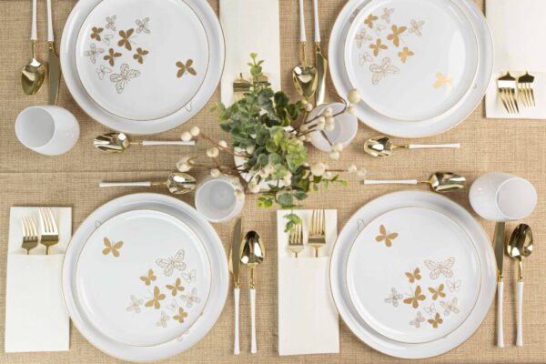 White and Gold Plastic Party Bundle with Butterflies - Perfect for Birthday, Wedding, Baby Shower Decorations