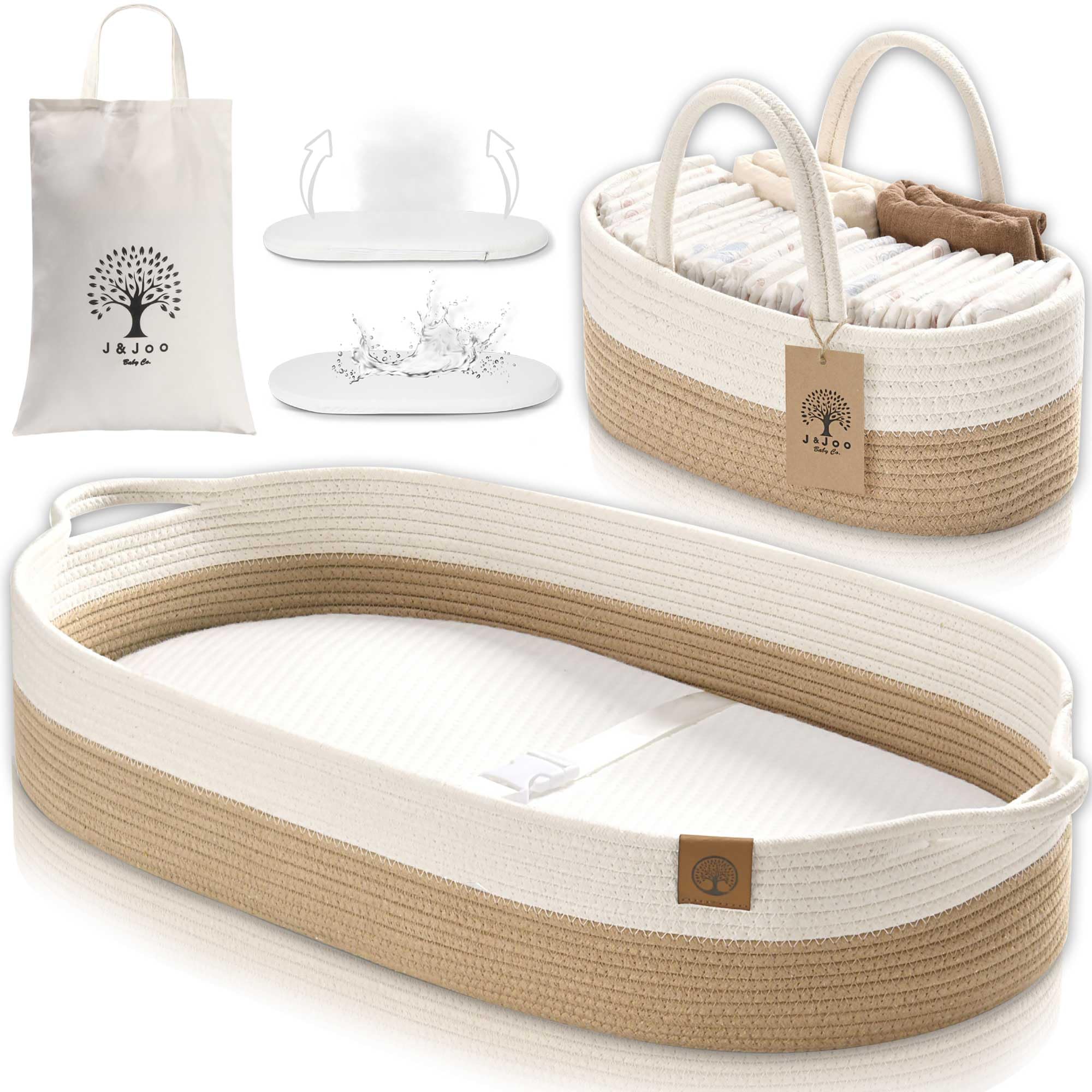 J&JOO Baby Changing Basket - Portable Diaper Caddy Set with Cotton Rope Basket & Changing Pad for Dresser | Nursery Organizer for Baby Essentials | Perfect Baby Shower Gift for New Parents | Ideal for Home, Travel & On-the-Go Diaper Changes