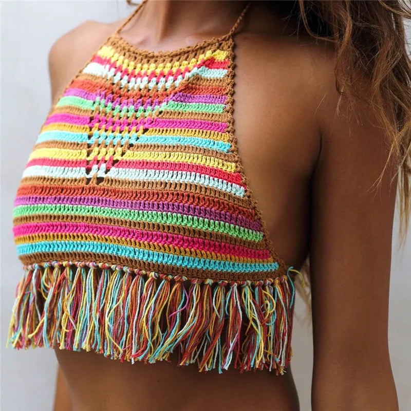 Handmade Crochet Striped Bikini Top for Women - Colorful Boho Beach Swimwear with Tassels | Perfect for Pool Parties, Summer Vacations & Festivals