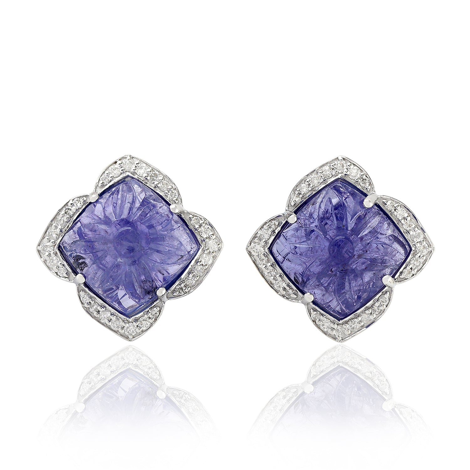 Exquisite 18k Gold Handcarved Tanzanite Pave Diamond Stud Earrings for Women | Luxury Jewelry Gift for Anniversary, Wedding & Special Occasions