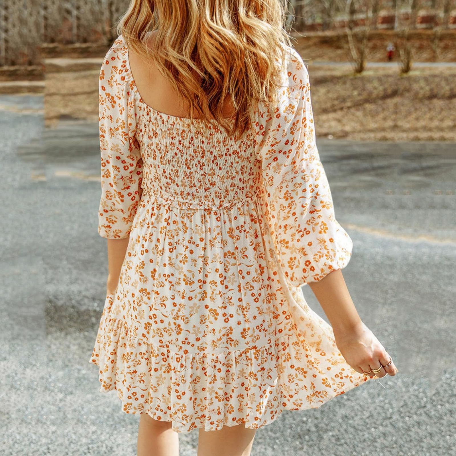 Boho Floral Dress for Women - 3/4 Sleeve Casual Ruffle Swing Dress with Square Neck & Smocked Waist | Perfect for Summer Outfits, Beach Vacations & Boho Chic Style