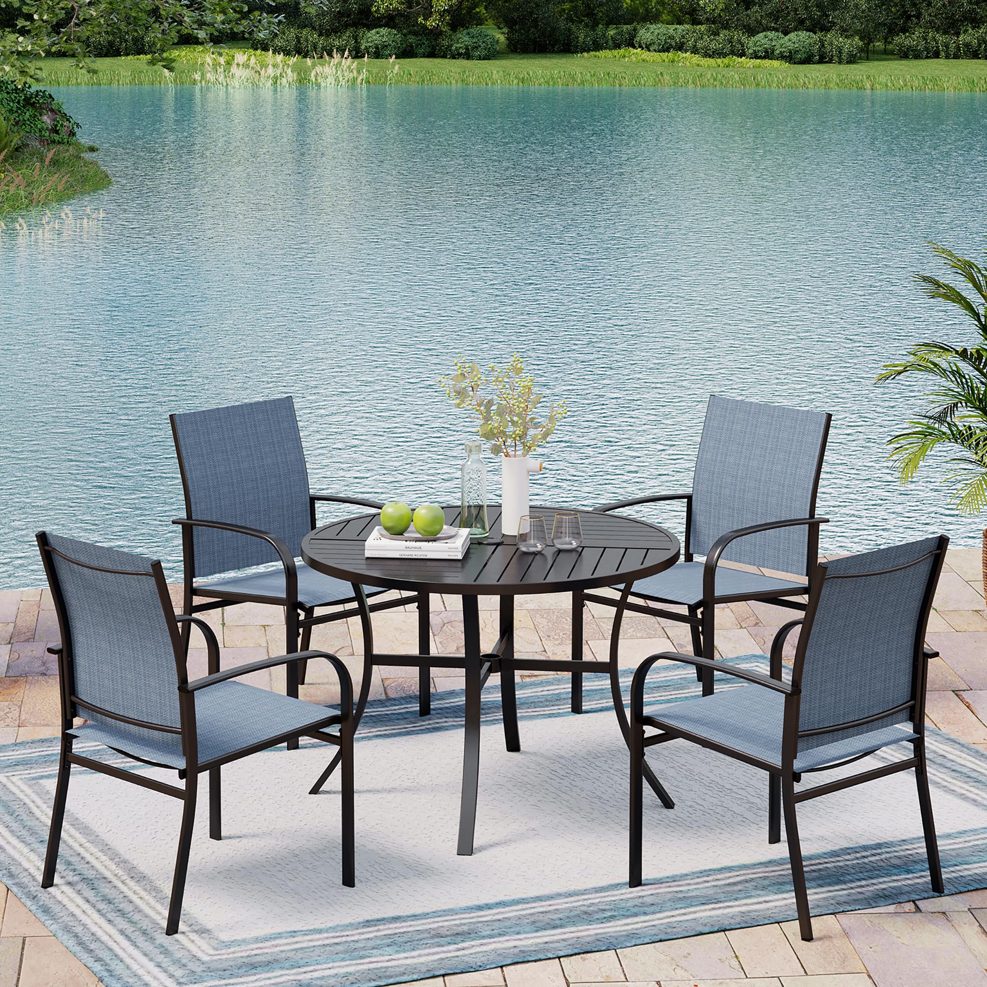 5-Piece Outdoor Dining Set - Round Metal Patio Table with 4 Blue Chairs for 4 People | Perfect for Garden, Backyard, Deck, Poolside & Outdoor Entertaining