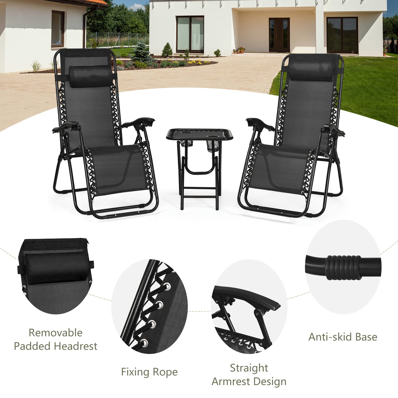 **HAPPYGRILL Zero Gravity Lounge Chairs Set with Coffee Table - 3-Piece Adjustable Folding Reclining Chairs with Side Table & Pillow for Outdoor, Patio, Garden, Camping & Travel - Perfect for Relaxing, Sunbathing & Backyard Lounging**