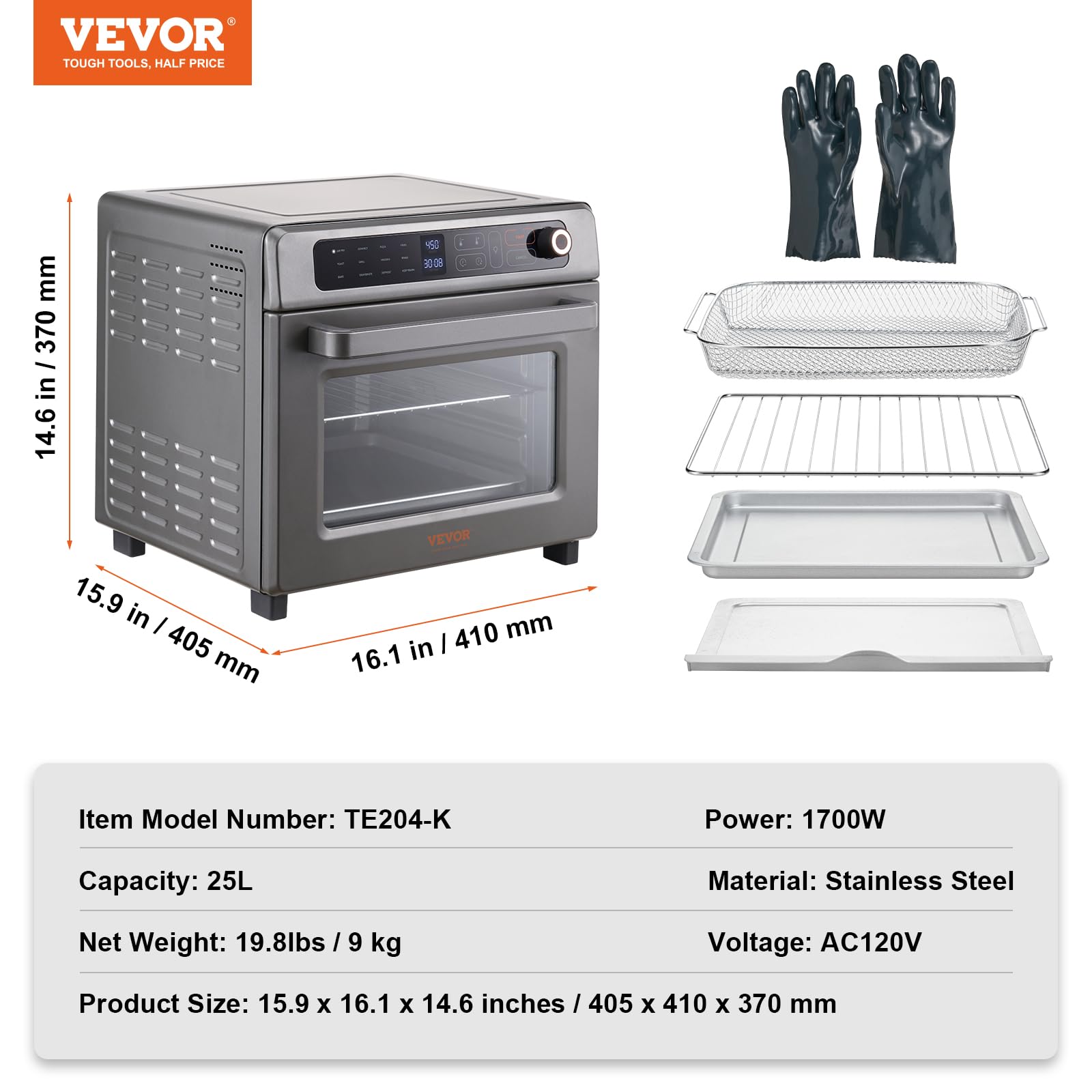 VEVOR 12-in-1 Air Fryer Toaster Oven Combo, 25L Large Capacity Convection Oven with Grill & Pizza Pan, 1700W Stainless Steel Countertop Toaster for 12 Slices Toast & 12-inch Pizza - Perfect for Home Kitchen, Small Restaurant & Commercial Use
