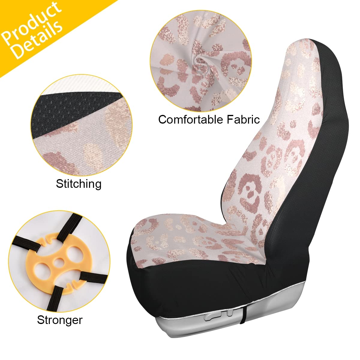2PC Pink Leopard & Cheetah Print Neoprene Car Seat Covers for Women - Rose Gold Bling Front Seat Protectors with Organizer Pockets - Fits Auto, SUV, Truck - Perfect for Stylish Commuting & Road Trips