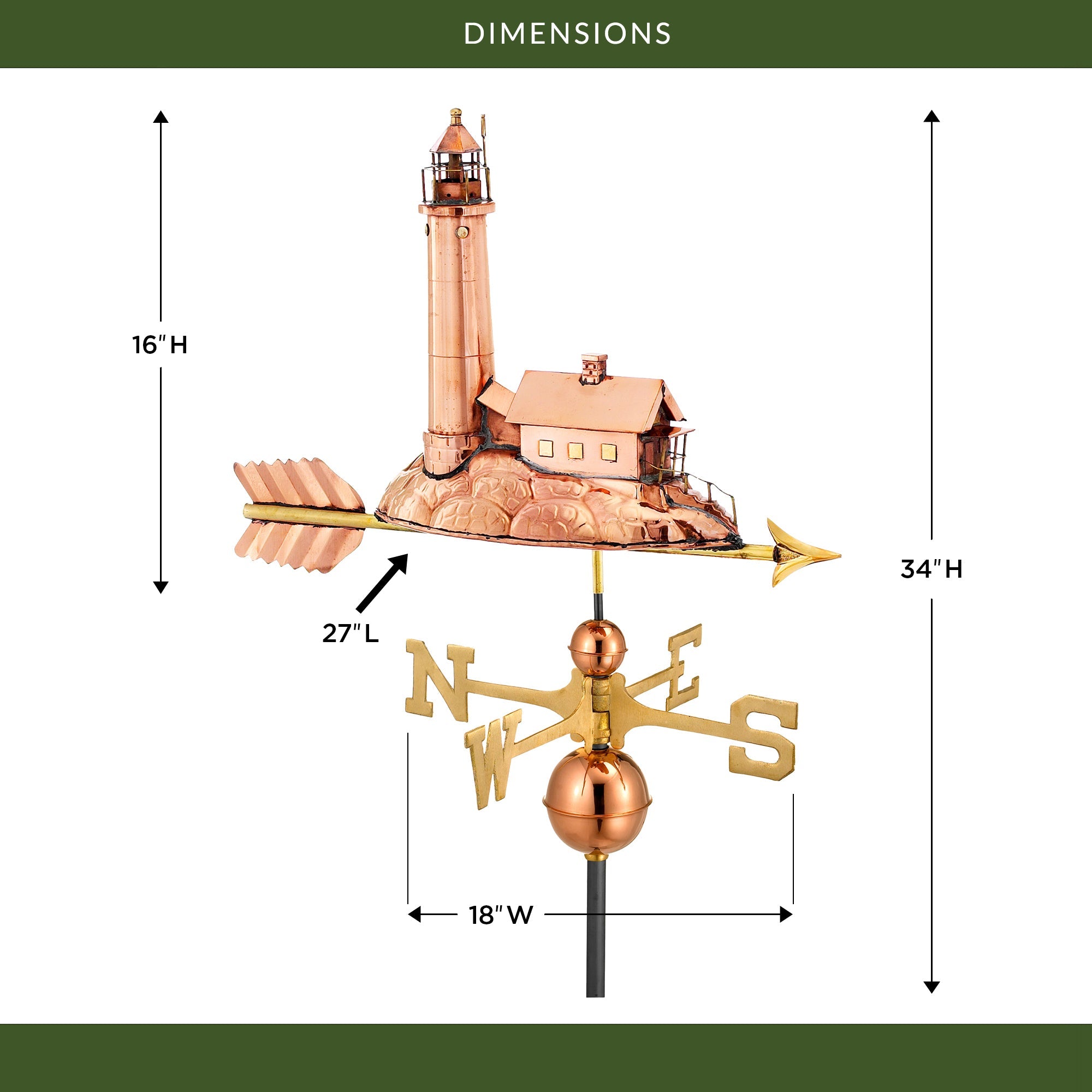 Good Directions Pure Copper Lighthouse Weathervane - Classic Nautical Decor for Garden, Yard, or Roof - Perfect Coastal Home & Beach House Decoration