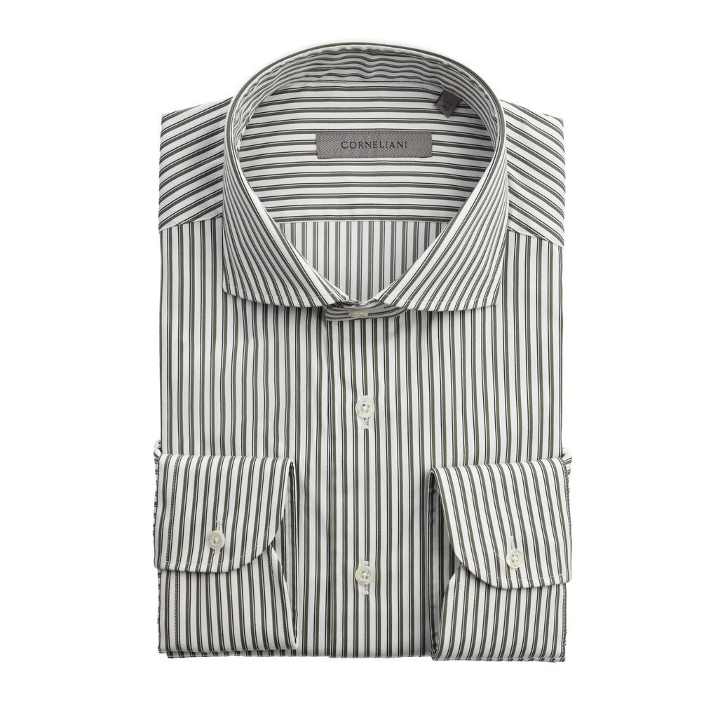Corneliani Men's Tailored Fit Poplin Stripe Shirt with Single Cuff - Olive/White - Perfect for Business Casual & Office Wear