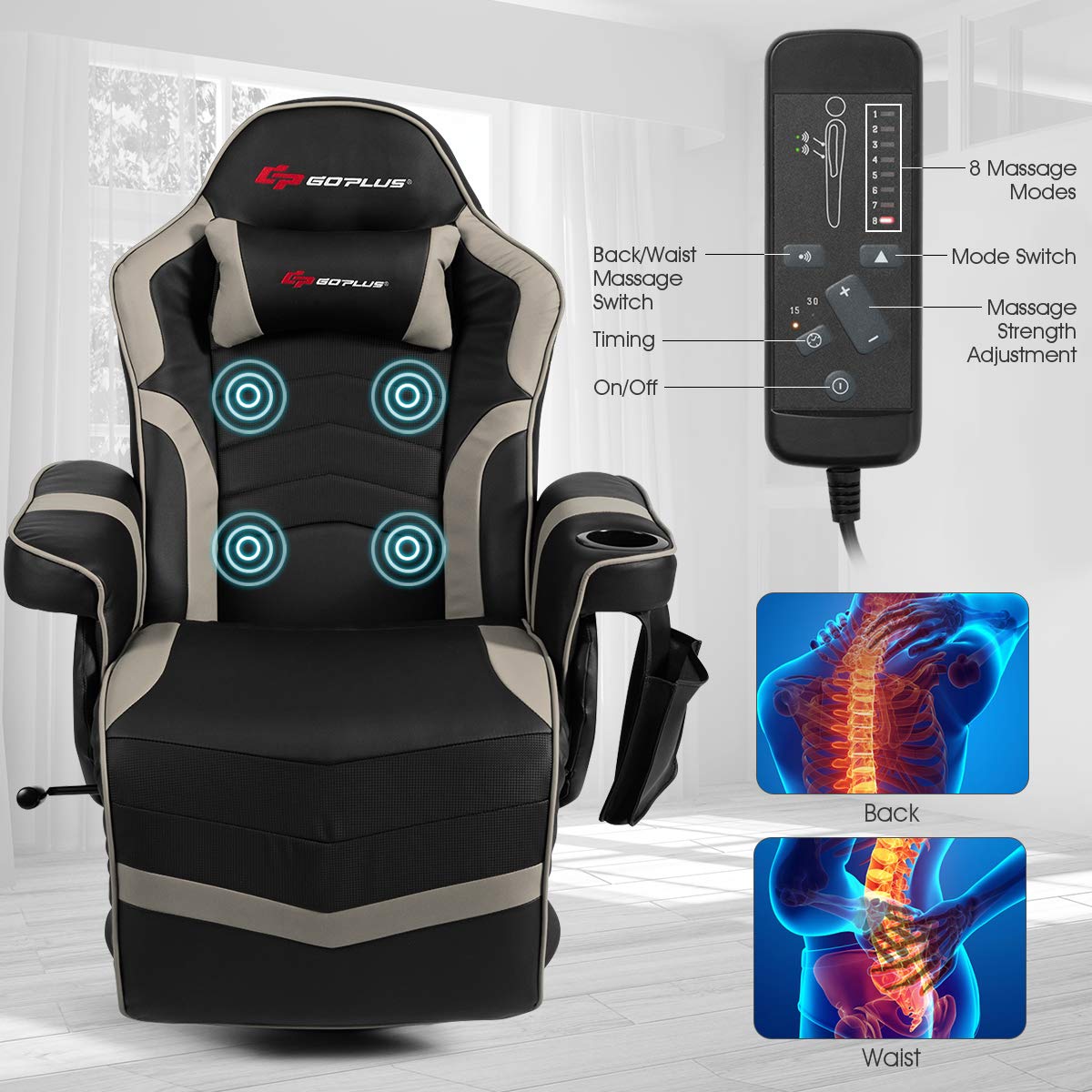 Goplus Gaming Chair and Desk Set - Ergonomic Racing Office Computer Chair with Adjustable Headrest, 4-Point Massage & Footrest, PC Gaming Desk with Cup Holder, Headphone Hook & Large Mouse Pad (Grey) - Perfect for Home Office, Streaming Setup & Esports Gaming