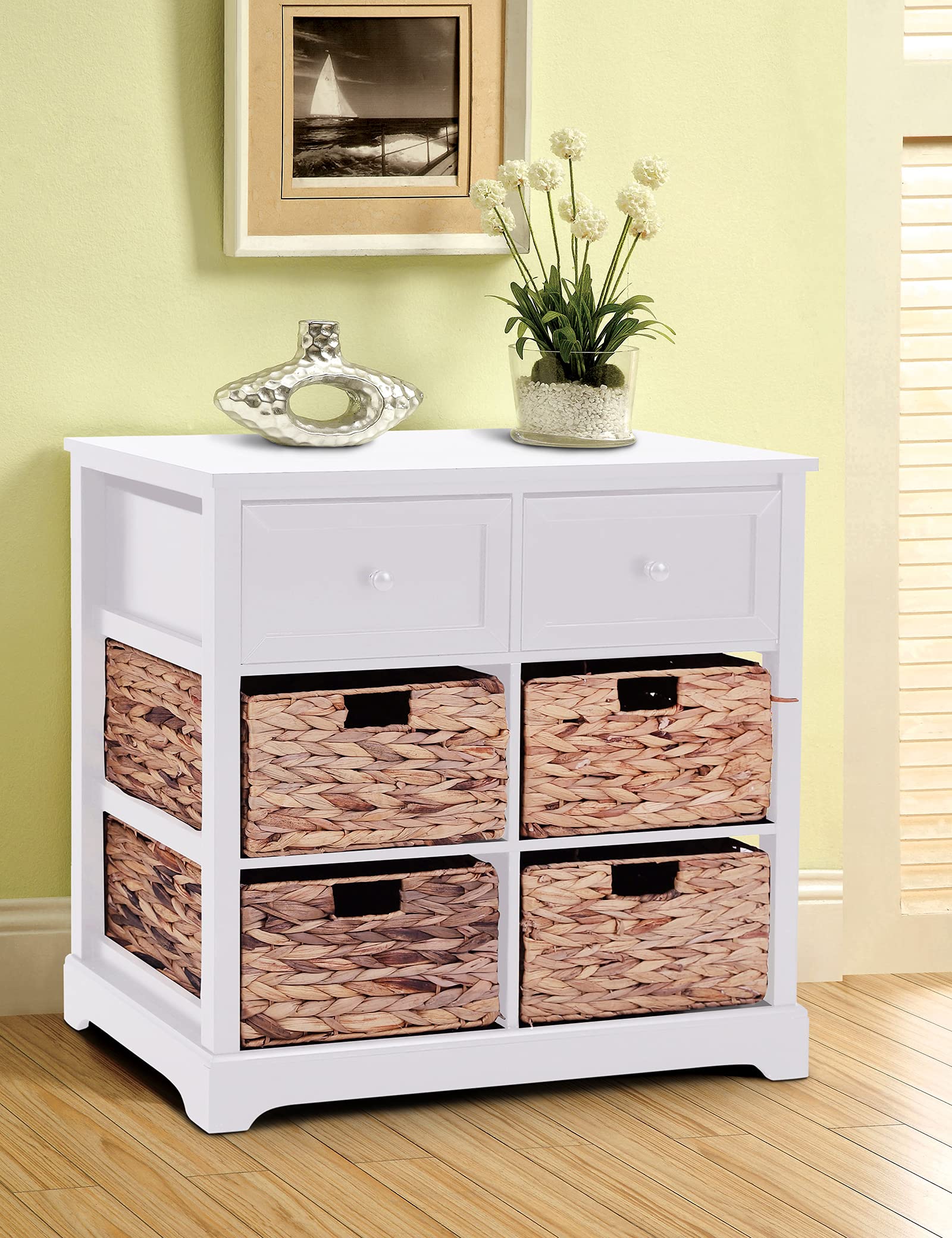 MAISON ARTS White Storage Cabinet with 2 Drawers & 4 Removable Baskets - Rustic Entryway Accent Cabinet for Living Room, Bedroom, Kitchen & Dining Room - Organize Shoes, Blankets & Home Decor