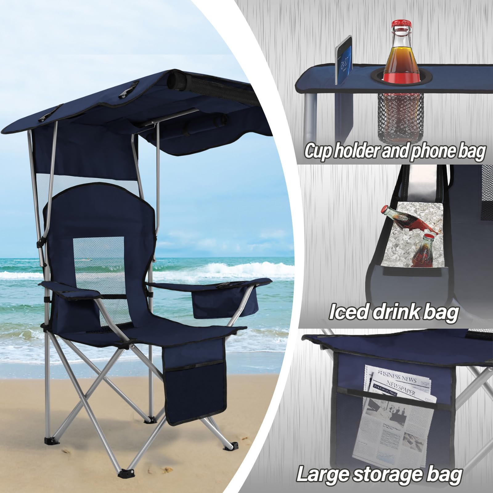 Premium Folding Beach Chair with Adjustable Canopy Shade - Heavy Duty 330LBS Capacity Camping Lounge Chair with Cup Holder & Carry Bag - Perfect for Travel, Hiking, Beach, Poolside & Outdoor Relaxation (Navy Blue)