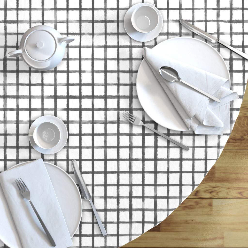 Custom Gray Grid Watercolor Charcoal Plaid Cotton Sateen Tablecloth 90
