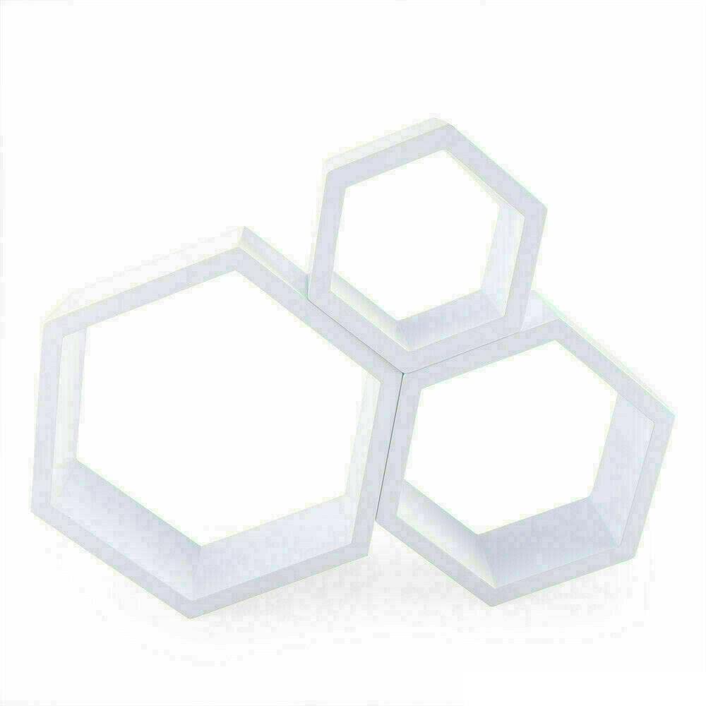 Hexagon Floating Shelves Set of 3 - Wooden Wall Mounted Storage Shelves for Bedroom, Bathroom & Living Room - Perfect for Displaying Decor, Books & Essentials in Small Spaces
