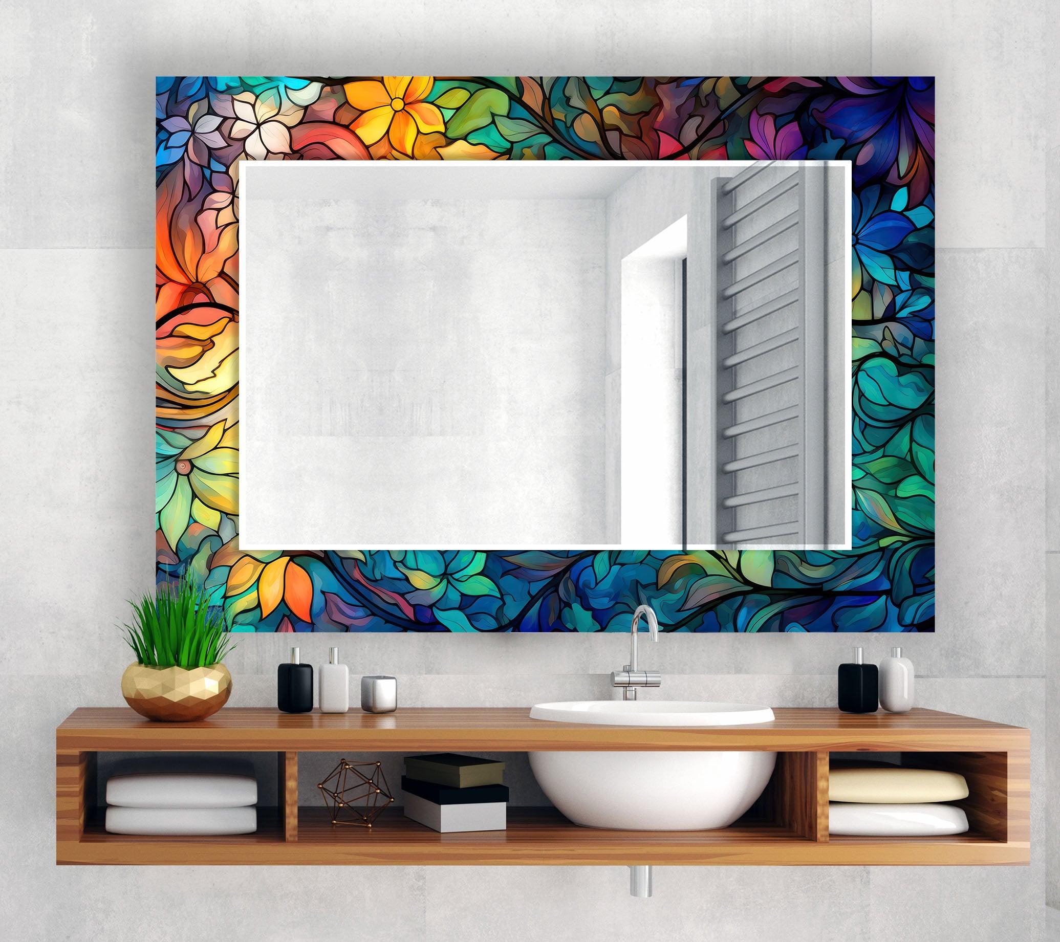 Blue & Orange Stained Glass Wall Mirror with Leaf Design - Elegant Home Decor for Living Room, Bedroom, or Entryway