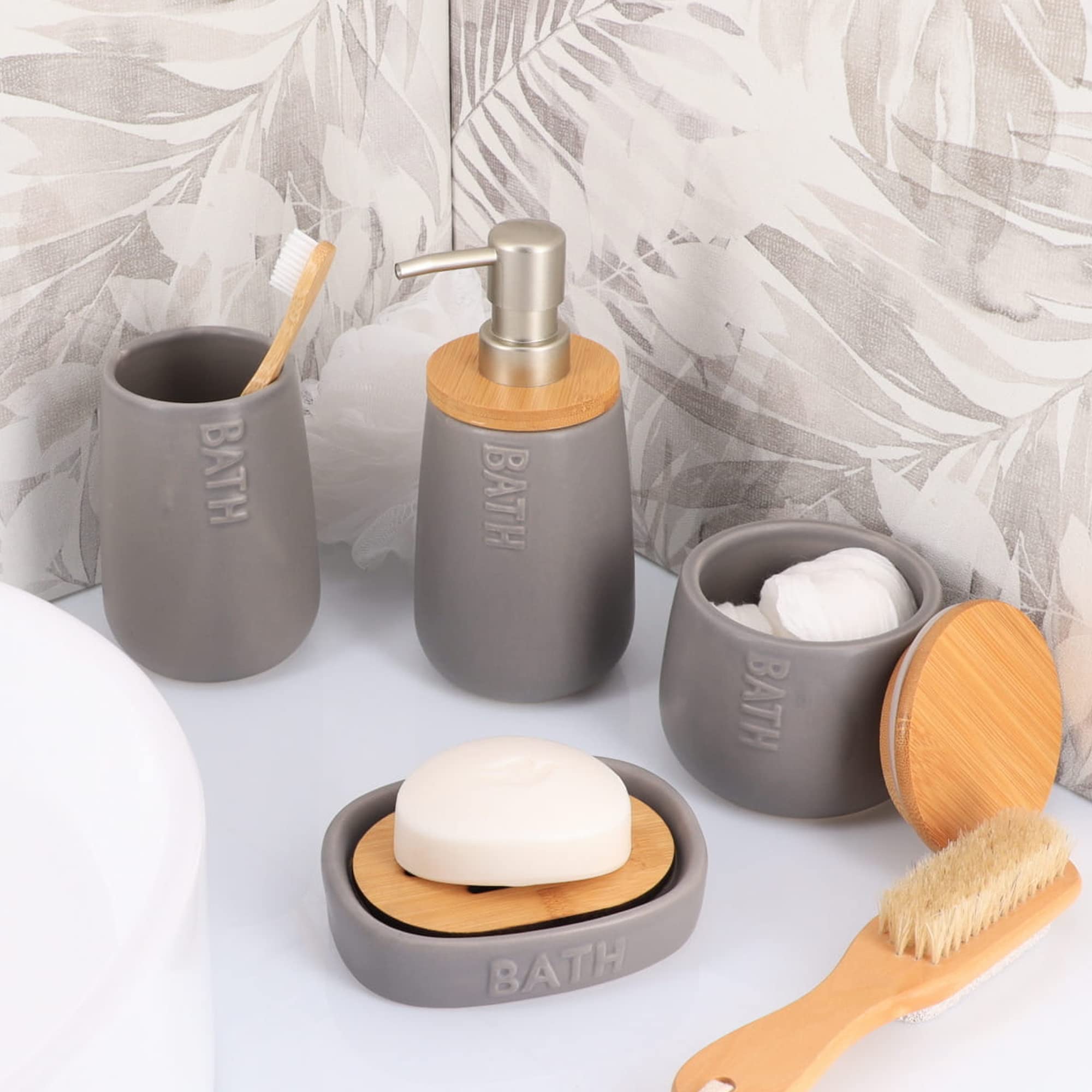 Bath D Soap Dish & Dispenser - Grey Bamboo Tray for Shower, Bathroom Countertop, and Spa Organization