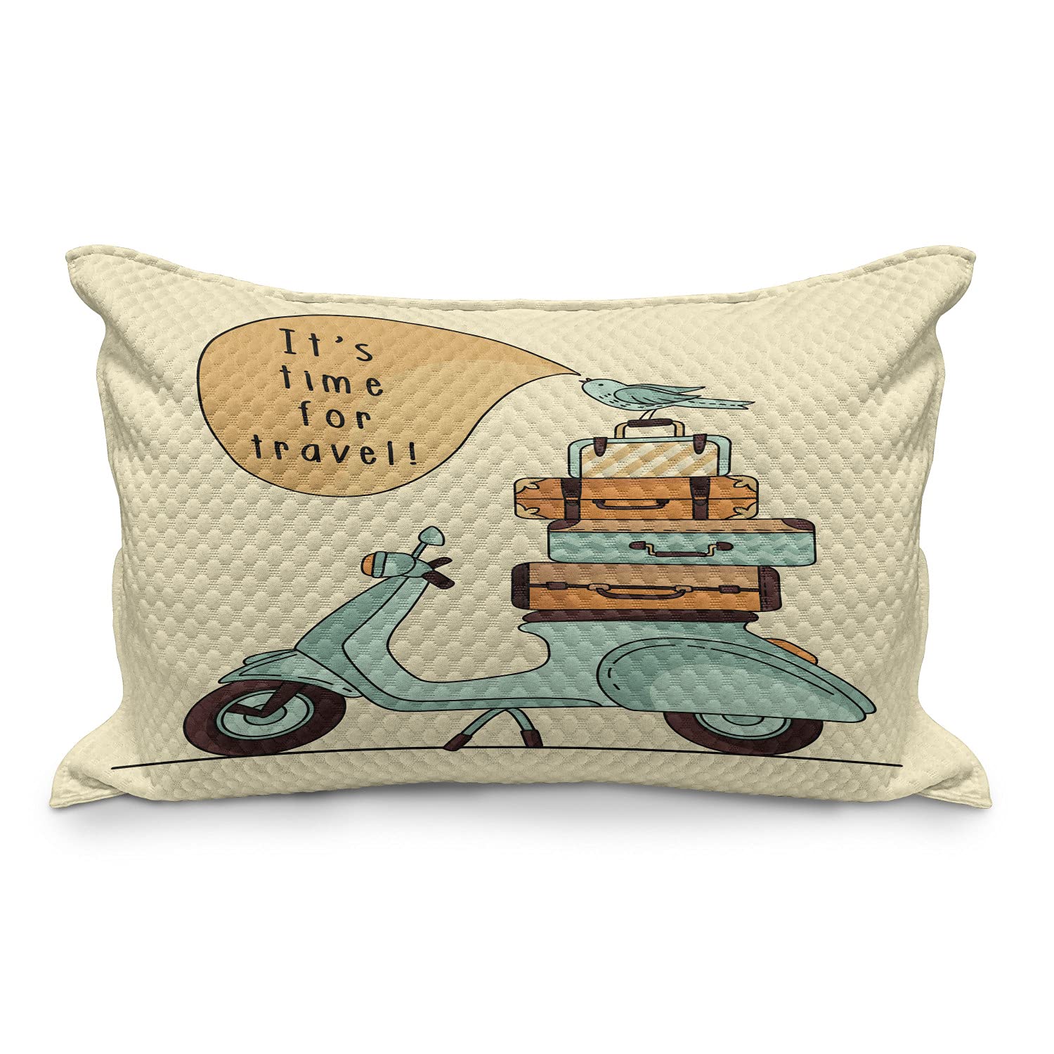 Ambesonne Vacation Quilted Pillow Cover - Travel Scooter Bird & Luggage Design, Standard Queen Size 30x20 Inch, Cream Orange & Seafoam - Perfect for Bedroom Decor, Living Room Accent & Travel-Themed Home Styling