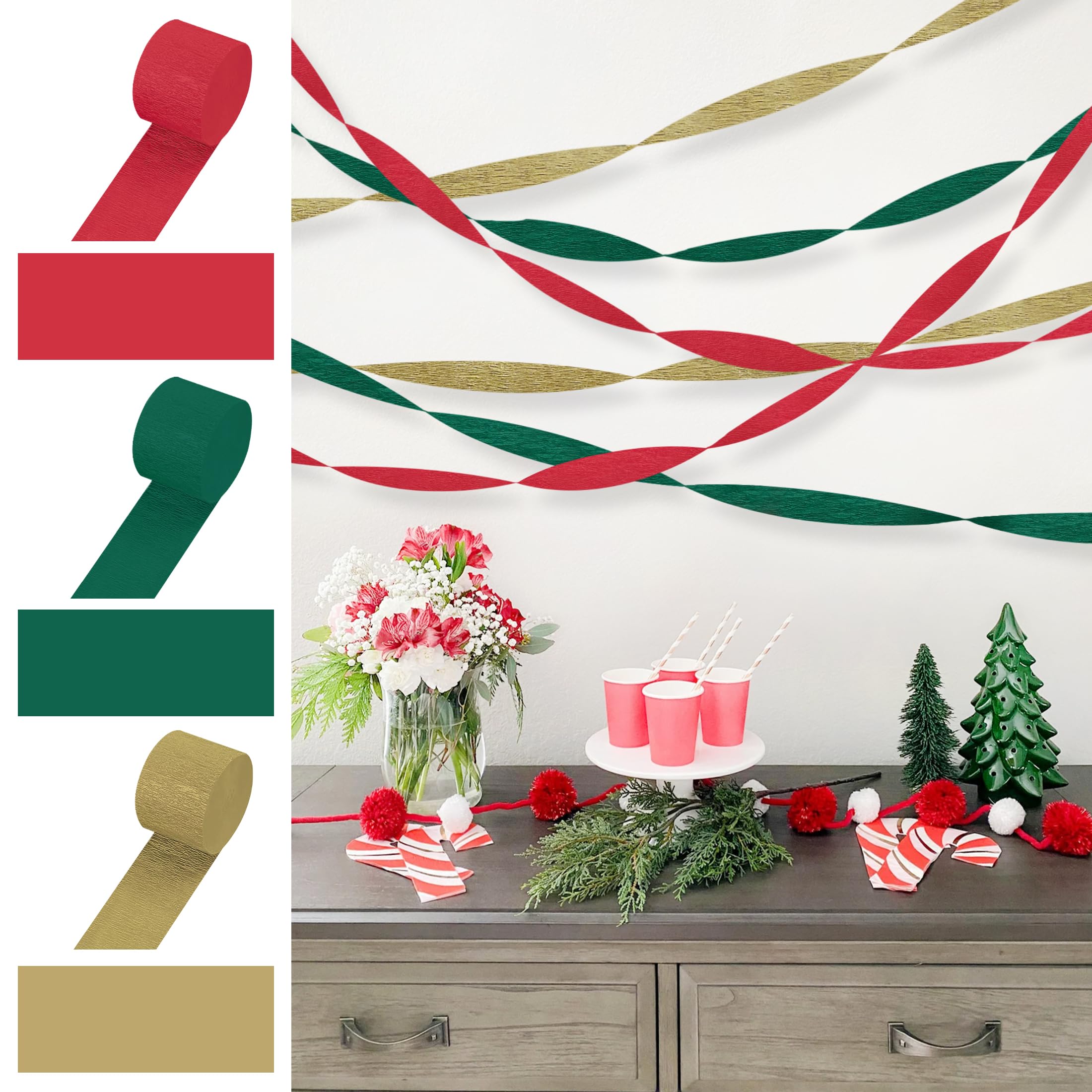 6 Rolls Christmas Crepe Paper Streamers - Red Green Gold Party Decorations for Christmas, Birthday, Baby Shower, Gender Reveal, Wedding & Graduation | DIY Crafts & Holiday Home Decoration