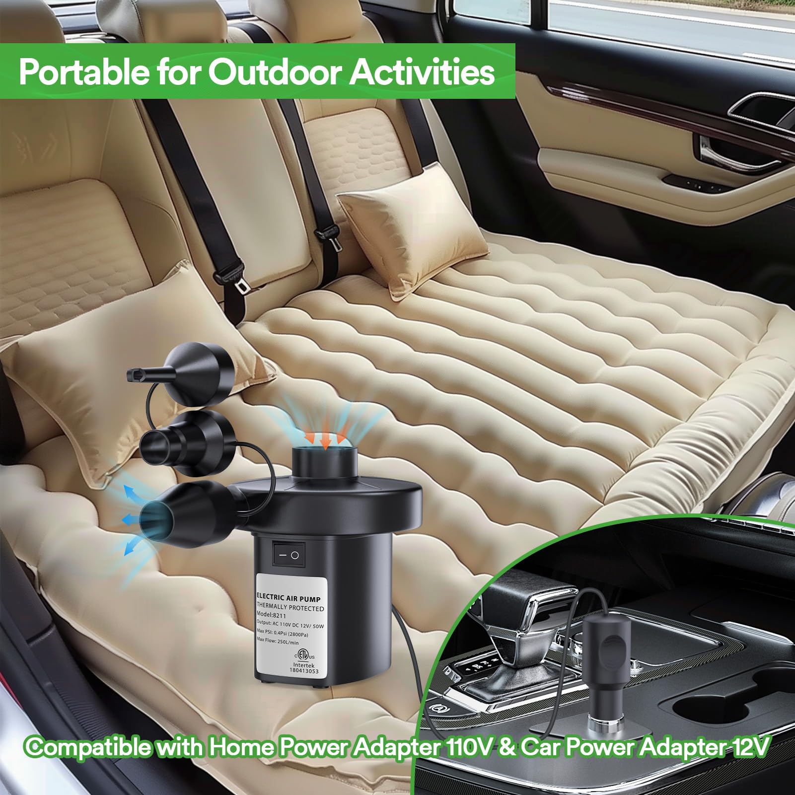 **PULIDIKI 50W Electric Air Pump for Inflatables - Portable Quick Inflator/Deflator with 3 Nozzles - Ideal for Air Mattress, Air Sofa, Pool Toys - Perfect for Camping, Travel & Home Use (AC/DC Power)**