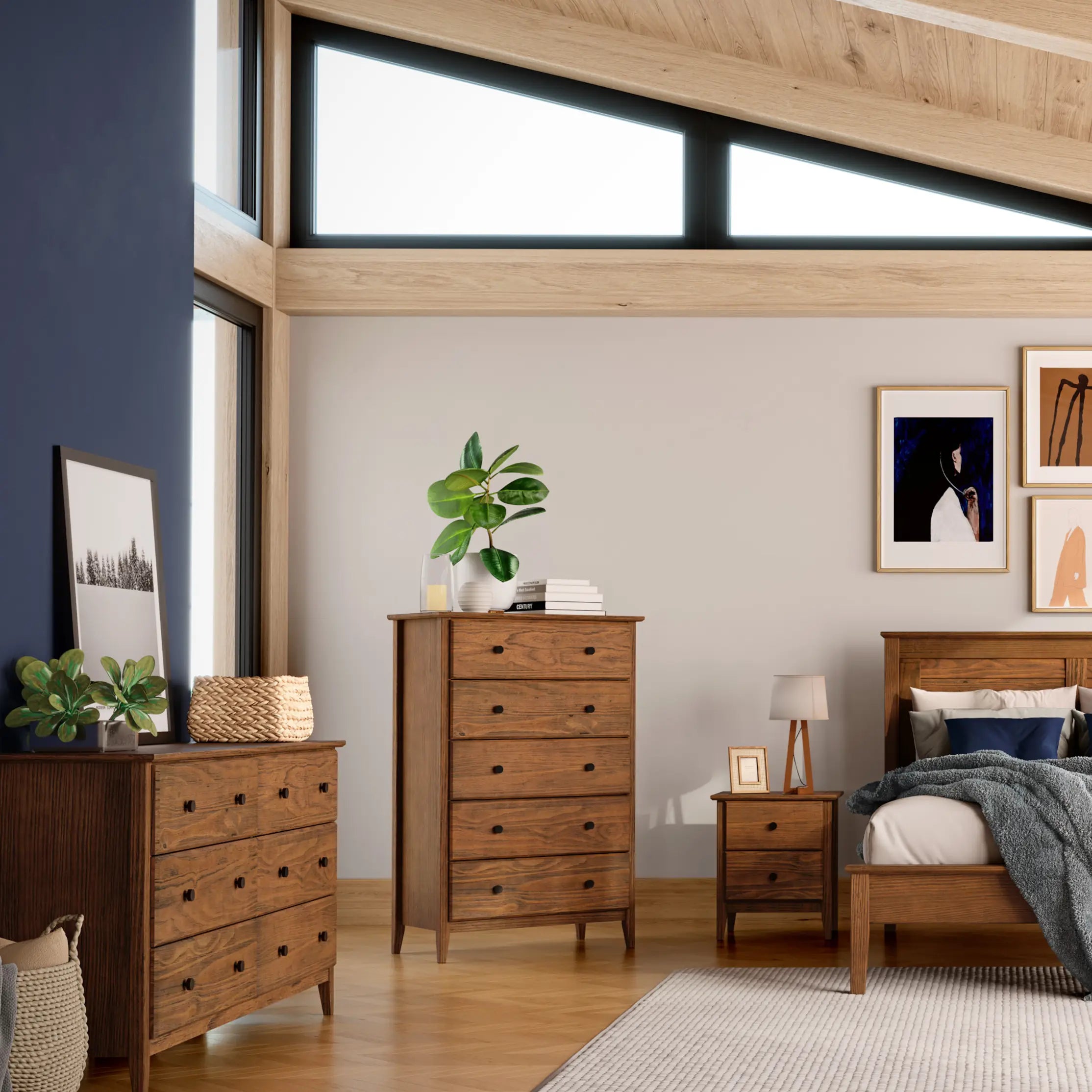 Greenport 5-Piece Bedroom Set - Queen Size Bed Frame, Nightstand, Dresser & Mirror - Modern Farmhouse Furniture for Master Bedroom or Guest Room