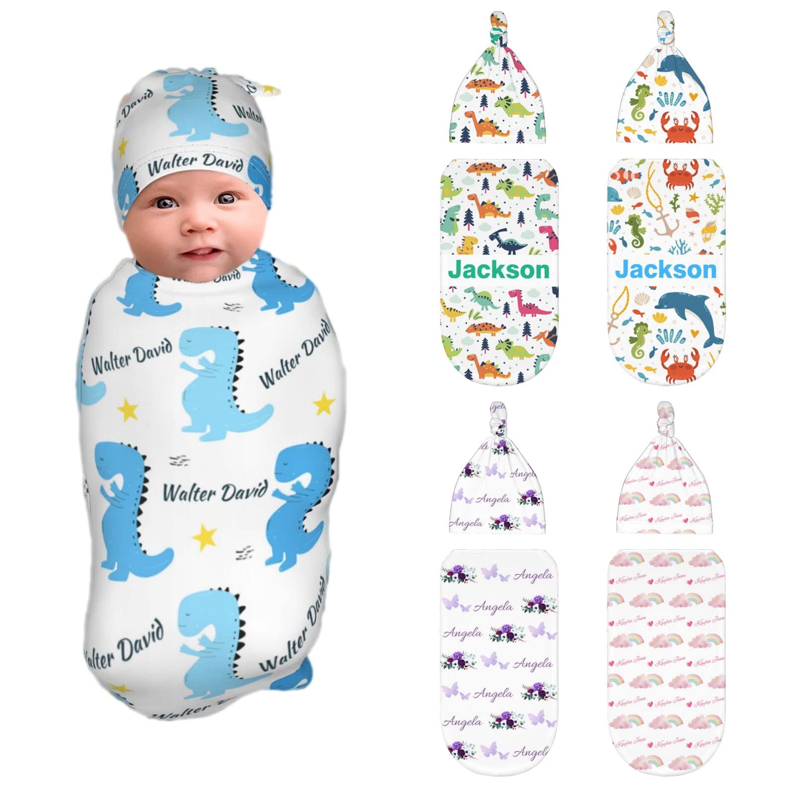 Personalized Baby Swaddle Blanket and Hat Set with Custom Name - Soft Newborn Swaddle Wrap & Matching Hat for Boys & Girls - Dinosaur Print Baby Shower Gift Set - Perfect for Newborn Photography, Nursery Essentials & Special Occasion Gifts