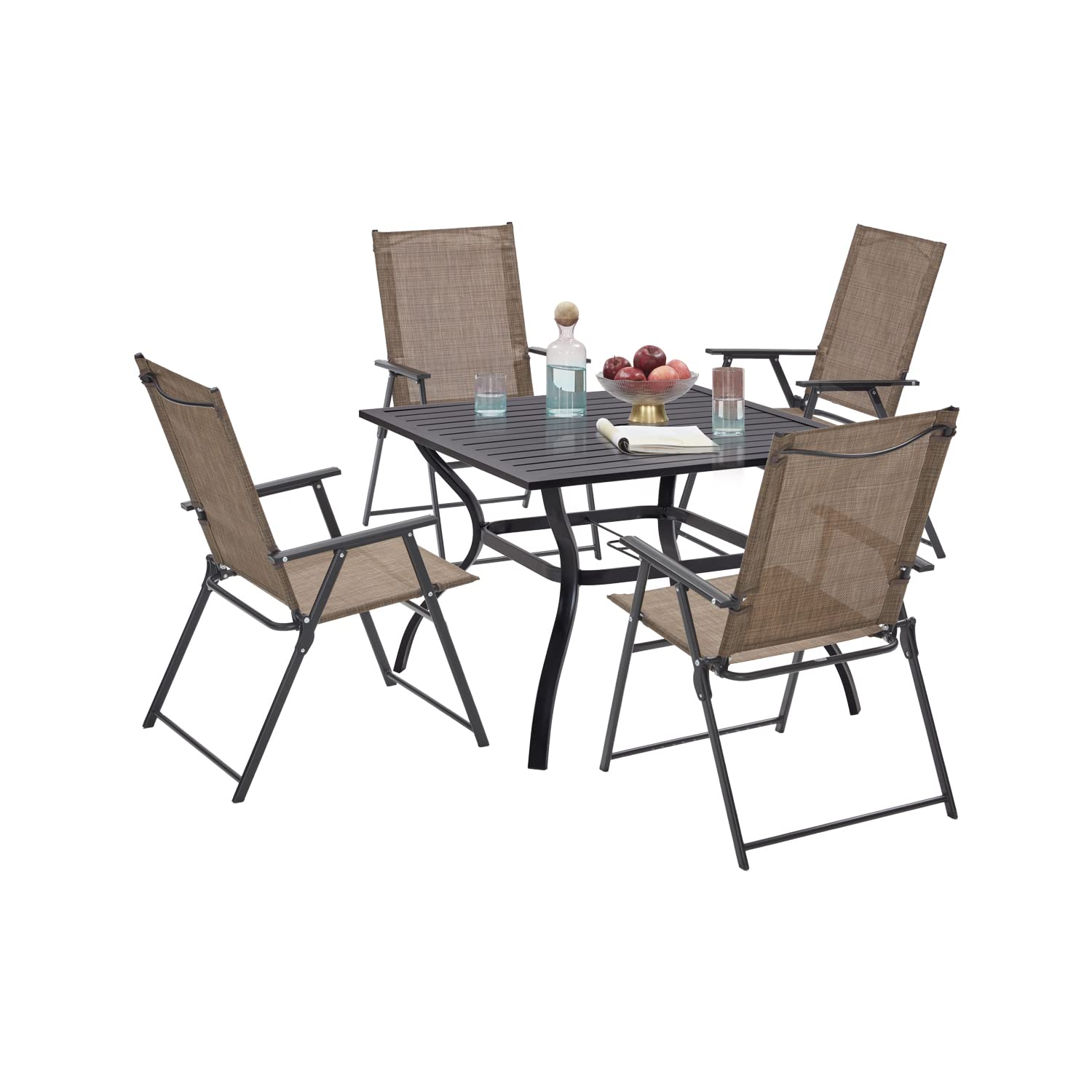 VICLLAX 5-Piece Outdoor Patio Dining Set with 4 Folding Sling Chairs & 1 Square Metal Table - Brown Chairs/Black Table - Perfect for Backyard, Garden, Poolside & BBQ Gatherings