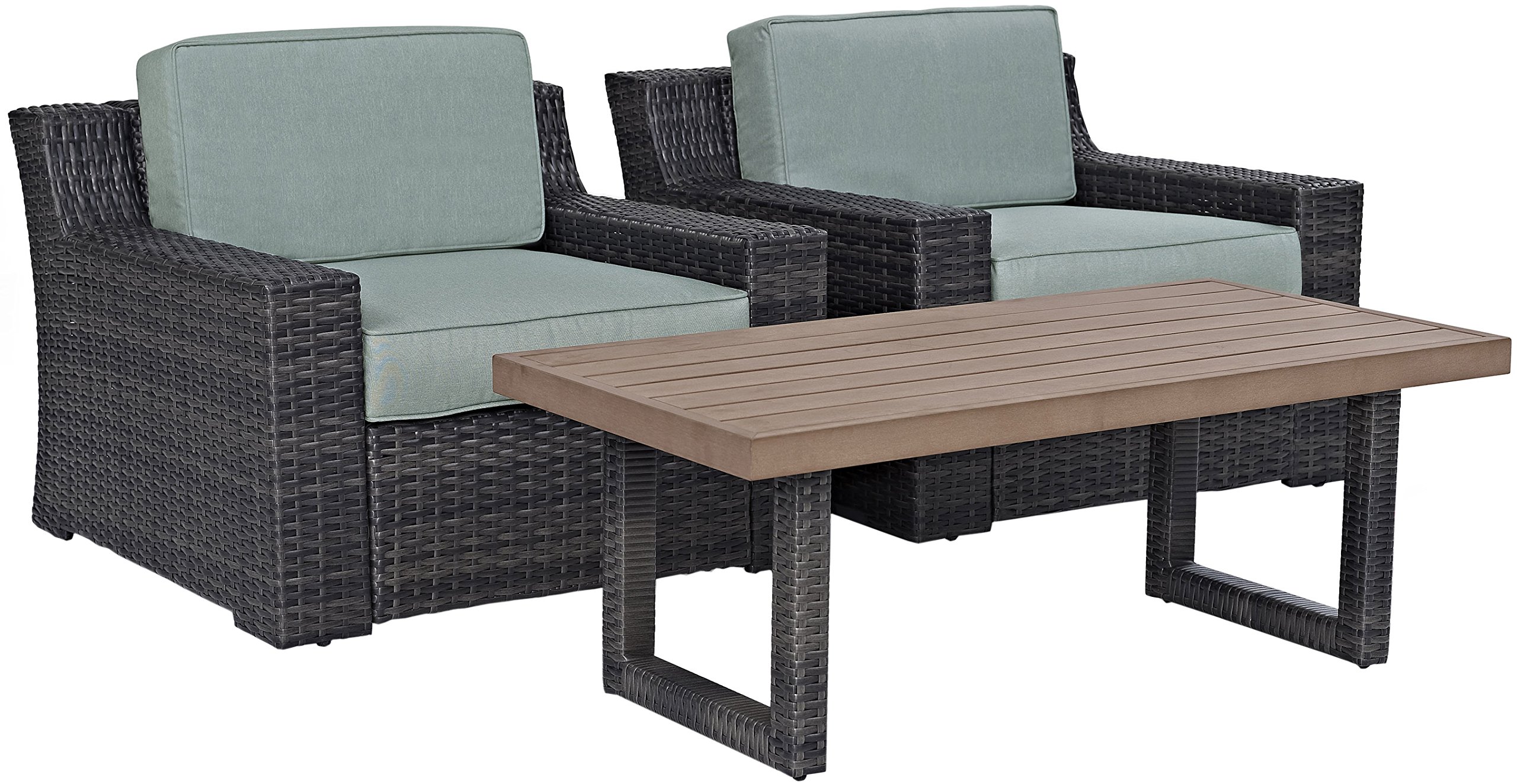 Crosley Furniture Beaufort 3-Piece Outdoor Wicker Patio Set - Brown Rattan Chairs & Coffee Table with Mist Cushions for Garden, Poolside & Backyard Relaxation
