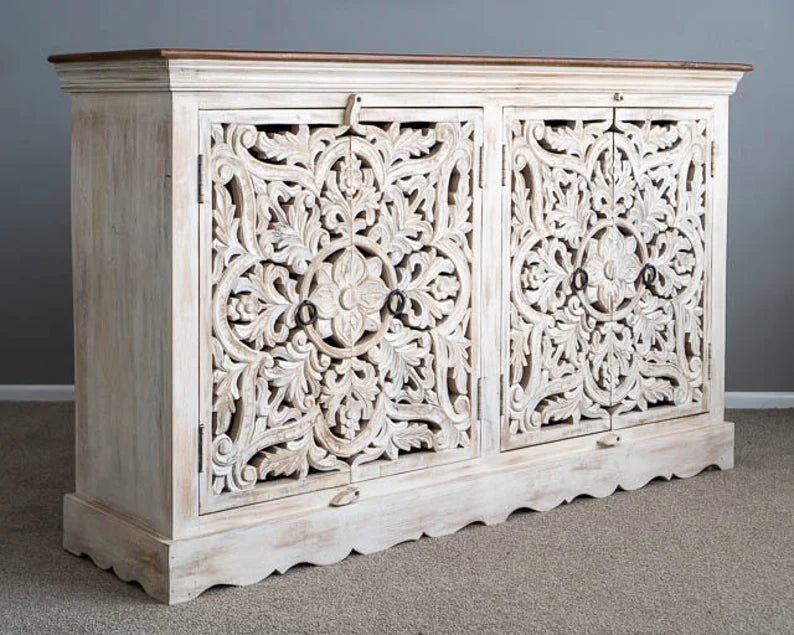 Hand Carved Whitewashed Wood Buffet Table - Unique Rustic Sideboard for Dining Room, Living Room & Farmhouse Decor