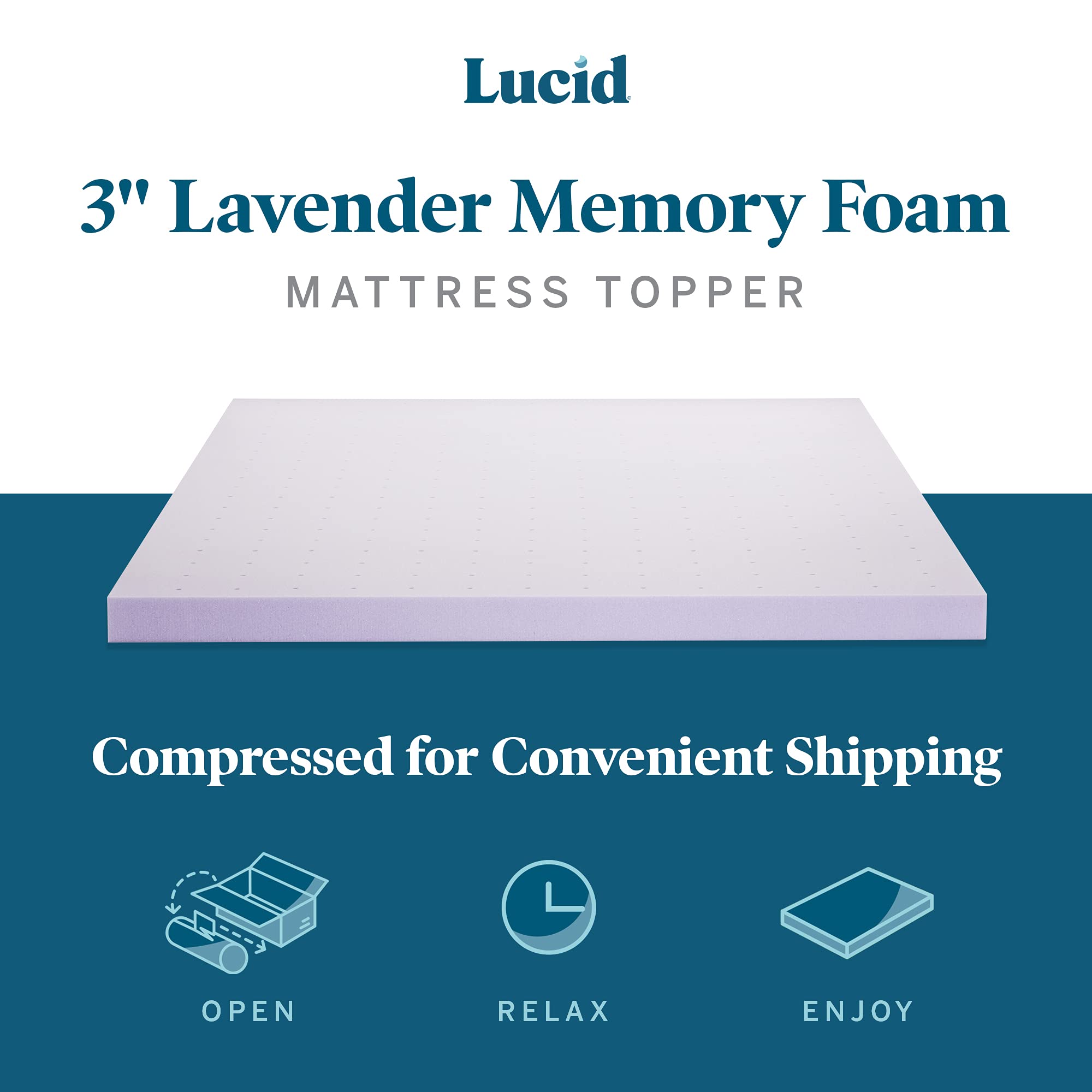 LUCID 3 Inch Lavender Infused Memory Foam Mattress Topper - Ventilated Cooling Design - Queen Size Bed Topper for Pressure Relief & Back Pain - Perfect for Hot Sleepers & Allergy Sufferers