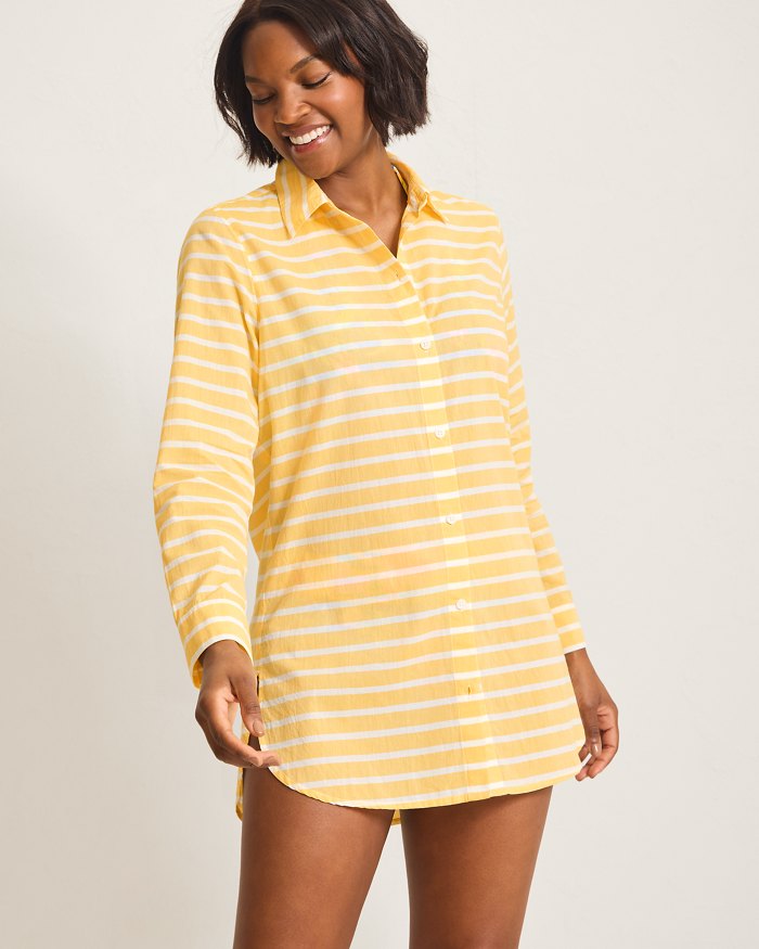 Tommy Bahama Women's Coastline Stripe Boyfriend Shirt Cover Up - Daffodil Daze Floral Print Beachwear for Summer Vacation & Poolside Relaxation