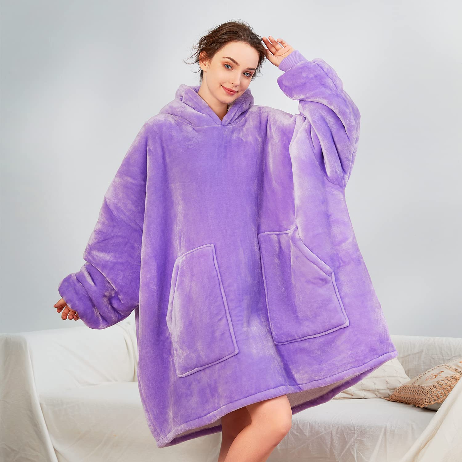 **Oversized Wearable Blanket Hoodie - Sherpa Fleece, Soft & Warm Hooded Sweatshirt for Women, Men, Teens - Light Purple - Perfect for Lounging, Netflix, Camping & Cold Weather**