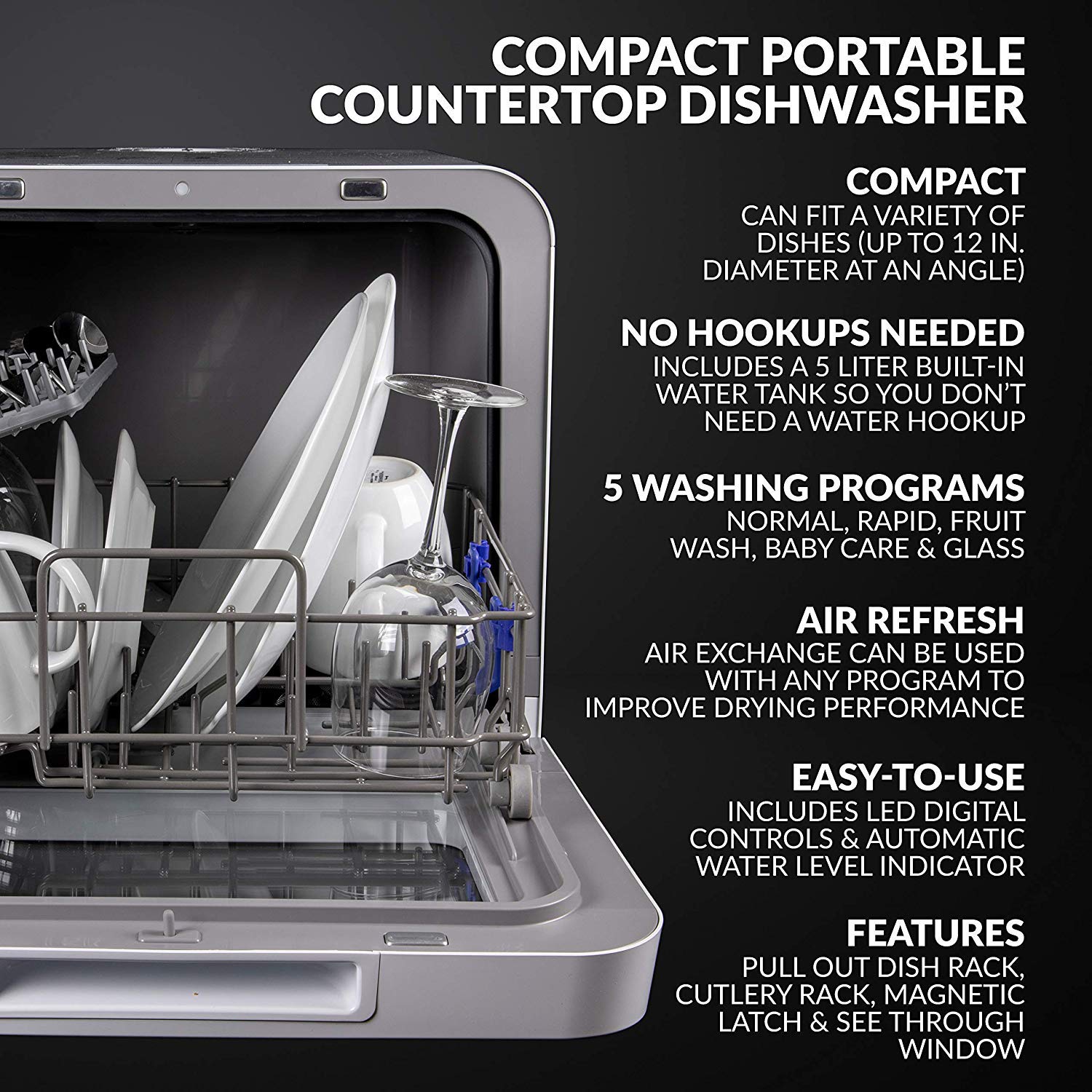 Farberware Portable Countertop Dishwasher - 5-Liter Built-in Water Tank, 5 Wash Programs (Baby Care, Glass & Fruit Wash) - Compact Dishwasher for Small Kitchens, Apartments, RVs & Dorm Rooms - Black/White