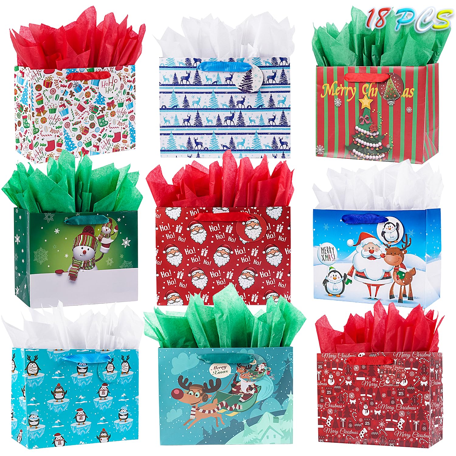 18 Pack Christmas Gift Paper Bags with Tissue Paper - Bulk Medium Holiday Gift Bags with Handles & Tags - Assorted Festive Designs for Xmas Party, Gift Wrapping & Holiday Celebrations