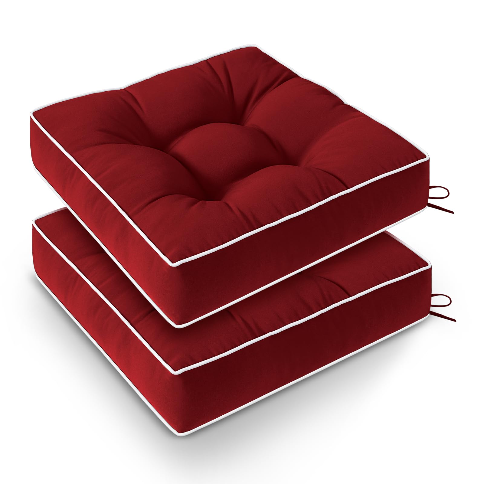 Premium Outdoor Chair Cushions Set of 2 - Waterproof Patio Seat Cushions for Garden Furniture - 19x19 Inch Tufted Burgundy Chair Pads - Perfect for Deck, Poolside & Backyard Relaxation