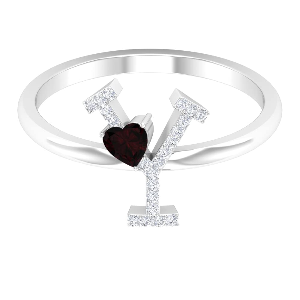 Garnet and Diamond Rings for Women - 14K White Gold A to Z Initial Letter Rings - Personalized Diamond Alphabet Rings - Heart Initial Rings - Perfect for Birthdays, Anniversaries & Gifts