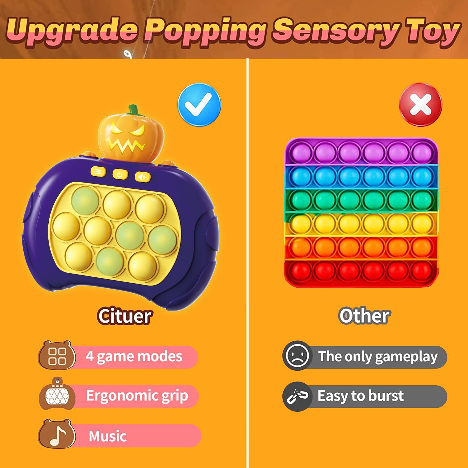Pumpkin Style Pop Bubble Fidget Toy with LED Lights - 4 Speed Modes, Electronic Push Game for Stress Relief & Brain Training | Sensory Toys for Kids & Adults | Perfect Christmas & New Year Gift for Anxiety Relief & Focus Improvement