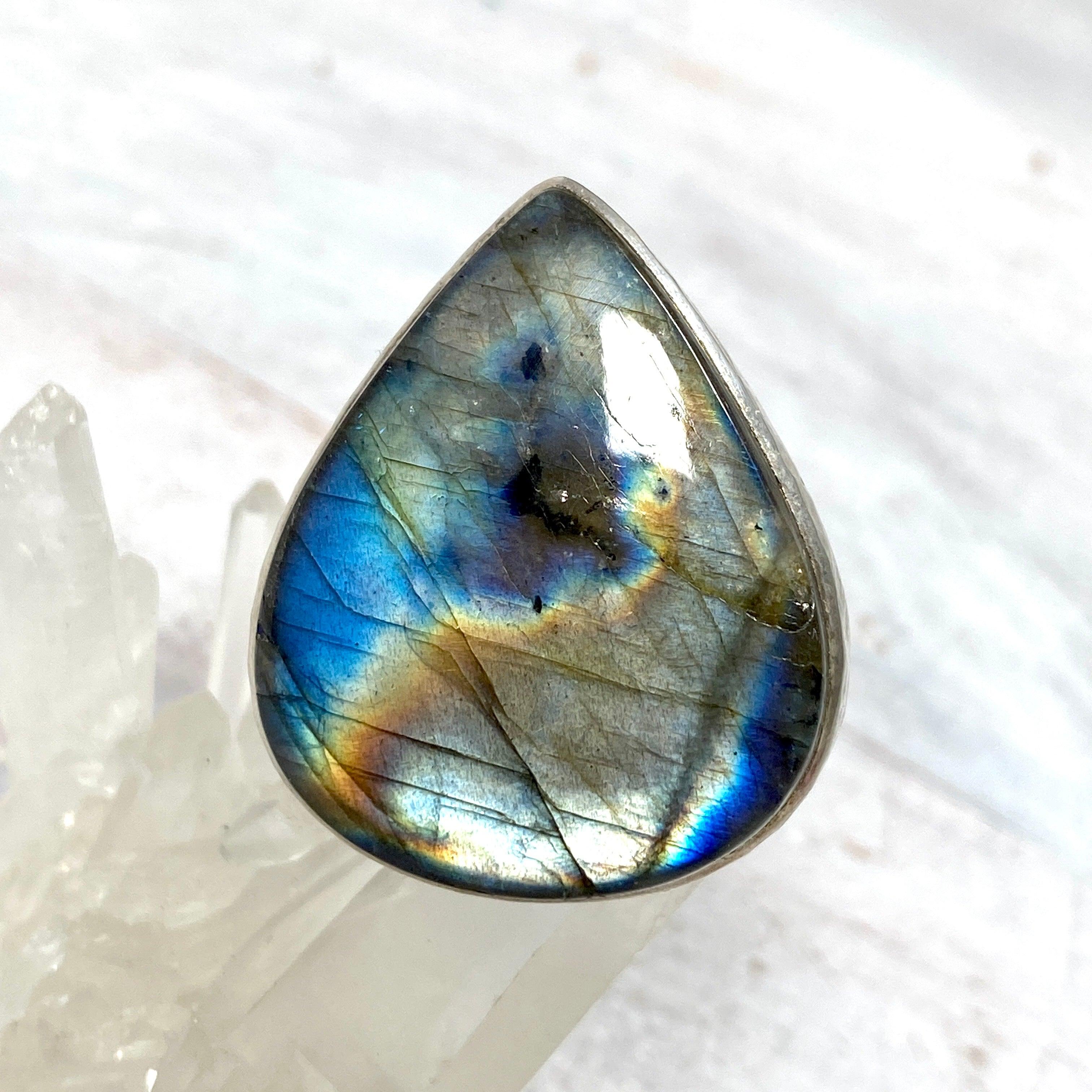 Labradorite Teardrop Beaded Band Ring - Size 9.75 - Handmade Boho Jewelry for Women - Perfect for Everyday Wear & Special Occasions