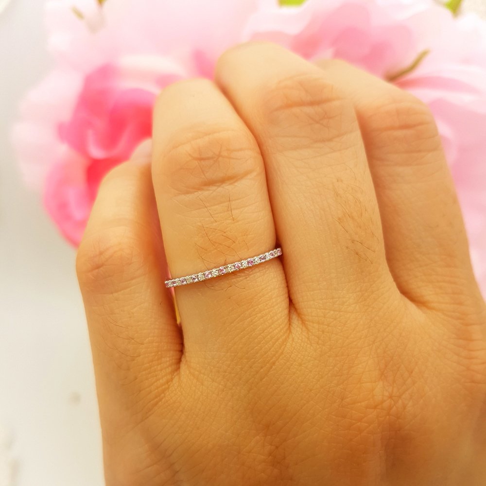 10K Solid White Gold Round Pink Sapphire & White Diamond Stackable Ring for Women - Dainty Anniversary Wedding Band, Elegant Gift for Her - Perfect for Engagements, Anniversaries & Special Occasions