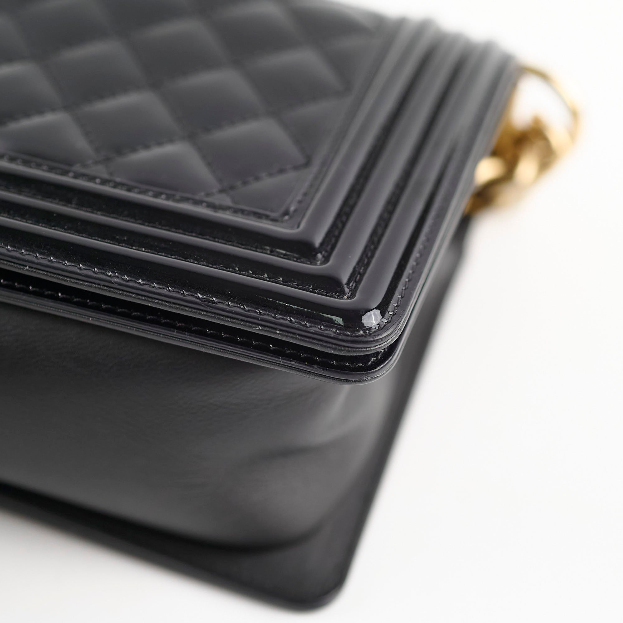 Chanel Old Medium Boy Bag Black Patent Leather Crossbody Bag - Luxury Designer Handbag for Women, Perfect for Parties, Dates & Evening Events