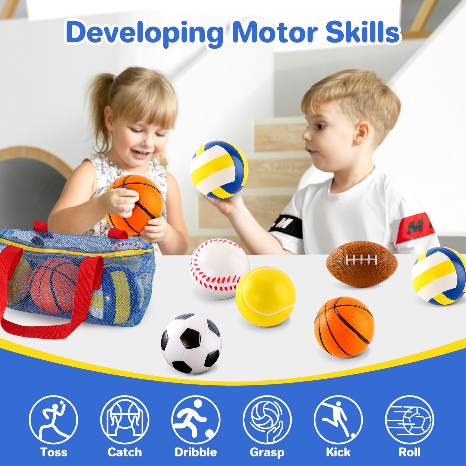 **6-Pack Soft Foam Sports Balls Set for Toddlers 3-5 Years Old - Soccer, Basketball, Football, Baseball, Tennis & Volleyball - Safe Mini Play Balls for Boys & Girls - Perfect for Indoor/Outdoor Play, Birthday Gifts & Early Learning**