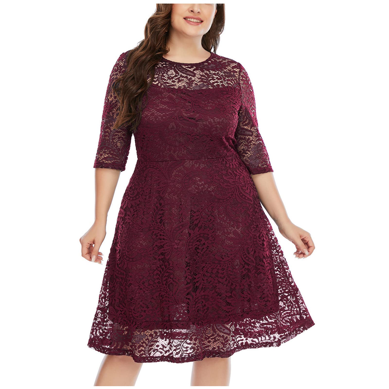 NaRHbrg Plus Size Mini Dress for Women - Floral Lace Knee-Length Cocktail Dress with Round Neck | Wedding Guest, Party, Date Night Outfit | A-Line Summer Dress for Casual & Formal Occasions