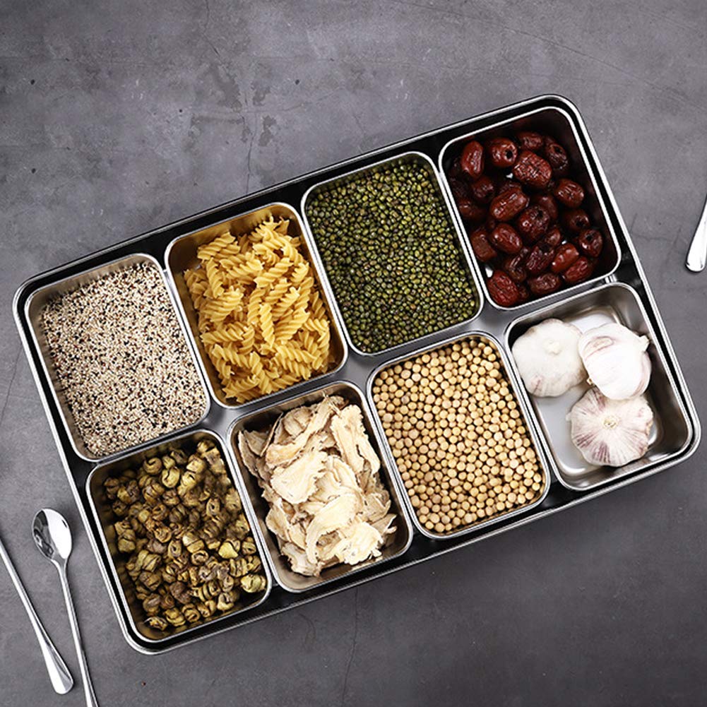 8-Grid Stainless Steel Seasoning Container Set - Condiment Jars for Salt, Sugar & Spices Storage | Kitchen Organizer Box for Cooking & Baking Essentials