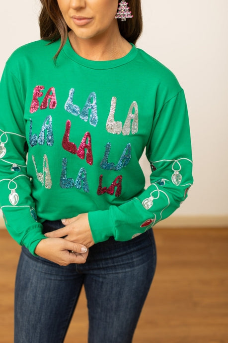 Fa La La Sequins Green Sweater - Festive Holiday Party Wear for Women | Christmas & New Year Outfit