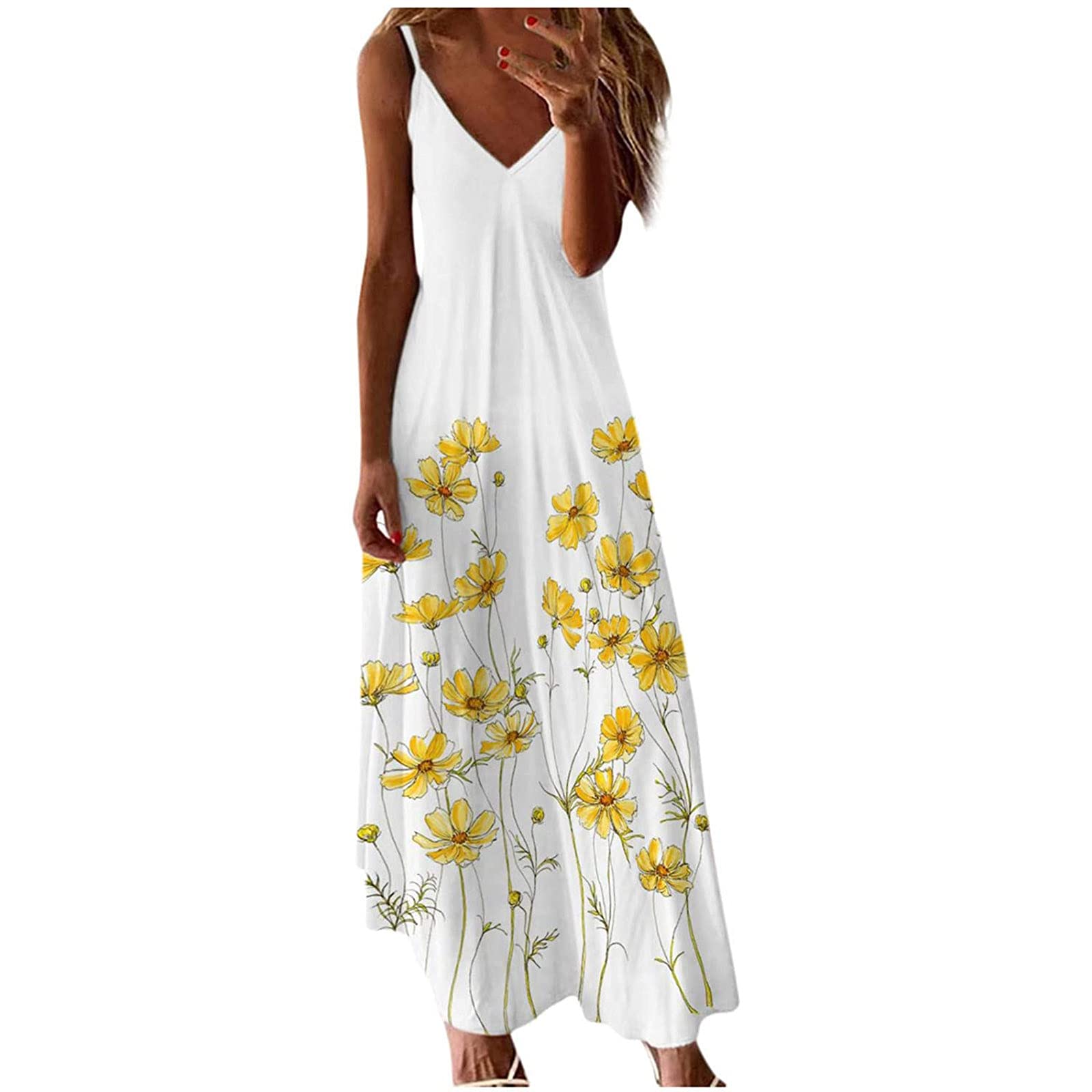 Ruziyoog Women's Sexy Spaghetti Strap V-Neck Floral Maxi Dress - Casual Sleeveless Summer Beach Sundress for Vacation, Party & Date Night